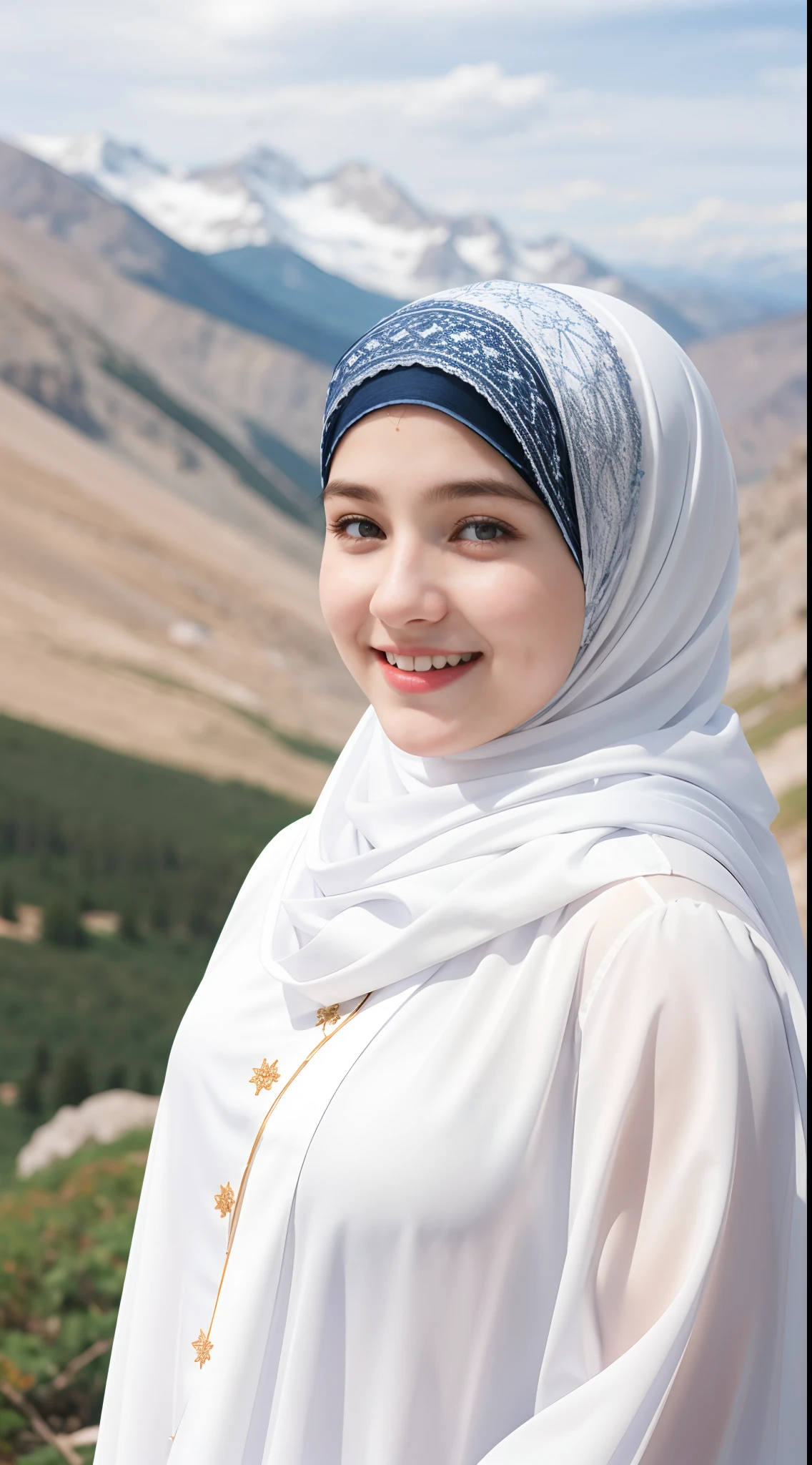 1 Girl, Beautiful, Russian , 20 Years Old, White Skin, Hijab Muslim Outfit, Top of The Mountain Background, Wind, Laughing, Tighten Breast, ((bokeh:1.2))