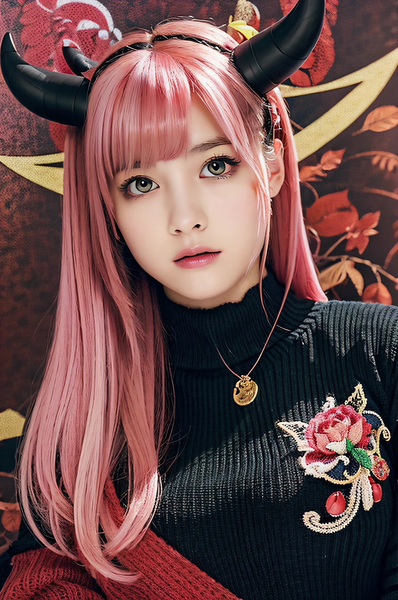 (masterpiece, best quality, cute detailed wallpaper), (high-resolution, ultra-detailed, beautiful), (masterpiece, best quality), Illustration is detailed, Many decorations, upper body, from above, one women
18 years, Glowing red eyes, pink Hair, (, 2-tones-meshed-hair)
Black sweater with open chest, Black choker on thigh, Two horns, Devil's tail, Demon costume