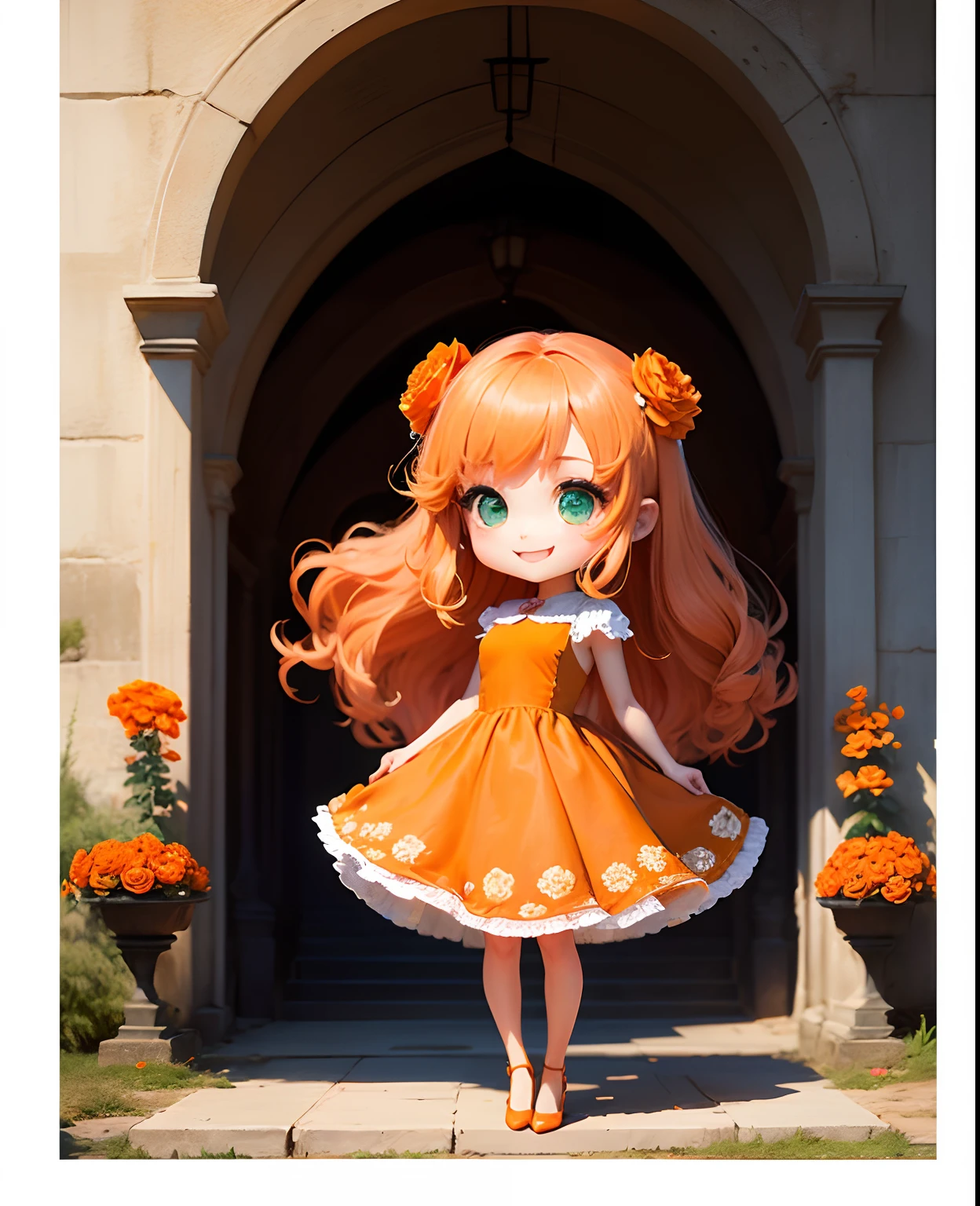 masterpiece、top-quality、ultra-detailliert、(Chibi Chara's Daughter:1.2)、Long orange hair swaying in the wind、Green eyes、(木🌲の帽子:1.2)、Long dress with orange ruffles and luxurious embellishments of peplum、Orange Pumps、Standing、A smile、Background with (Arch of orange large-flowered roses:1.3)