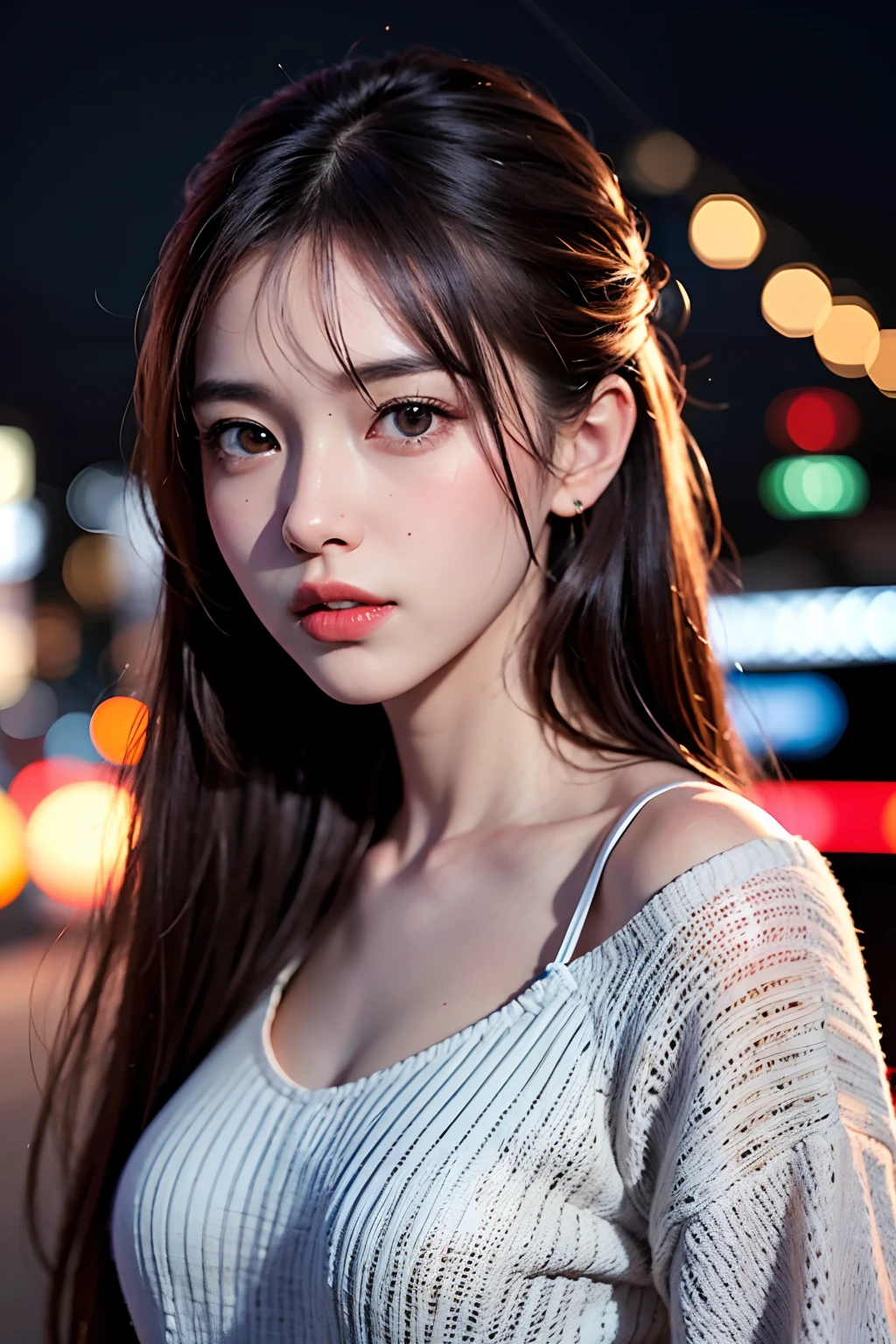 1girl, Tokyo street,night, cityscape,city lights, upper body,close-up, 8k, RAW photo, best quality, masterpiece,realistic, photo-realistic,