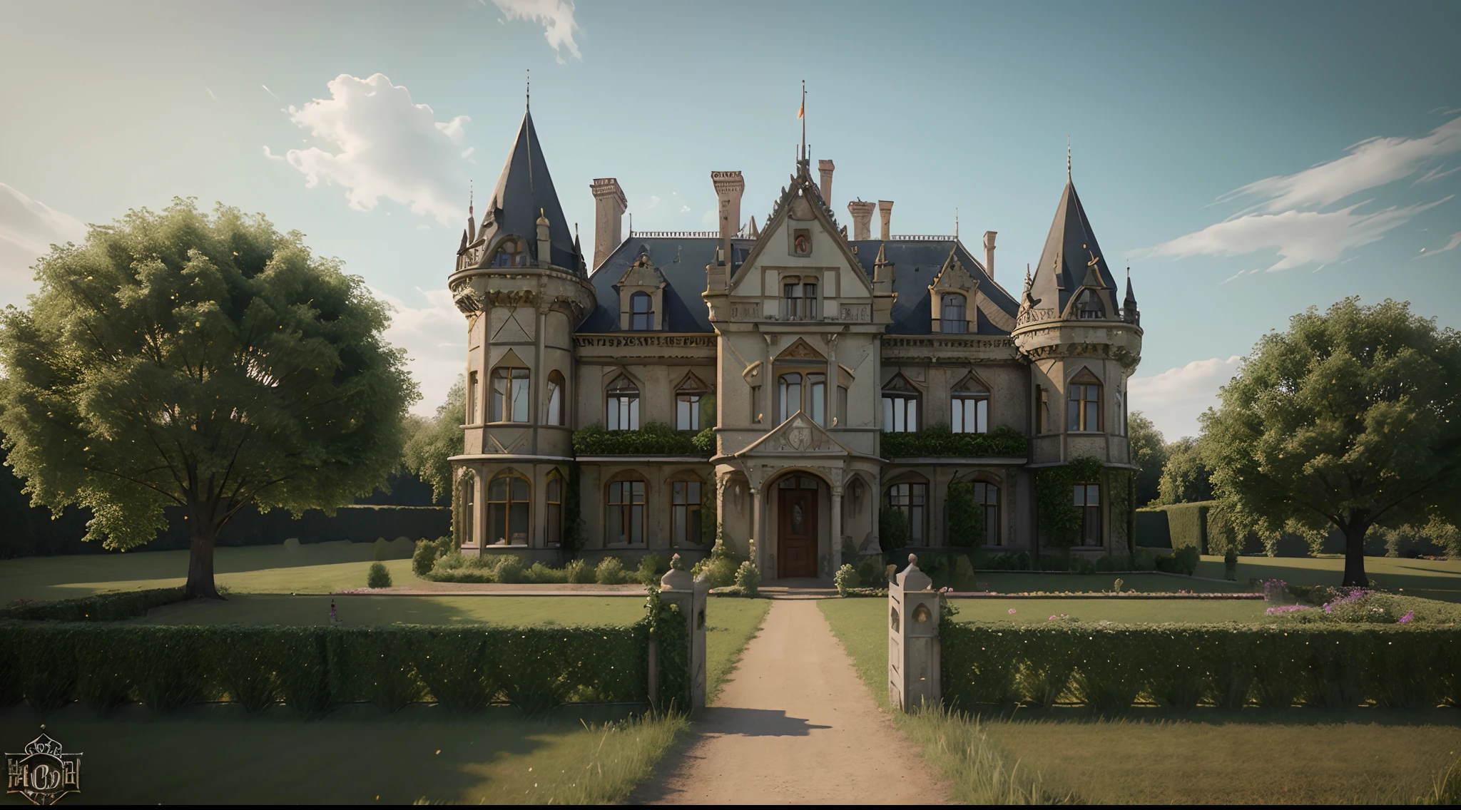 there is a closeup painting of a castle doors in the middle of a field, victorian manor, victorian castle, stefan koidl inspired, realistic fantasy render, inspired by Martin Deschambault, 4k highly detailed digital art, 8k high quality detailed art, inspired victorian sci - fi, beautiful render of a fairytale, inspired by Raphael Lacoste