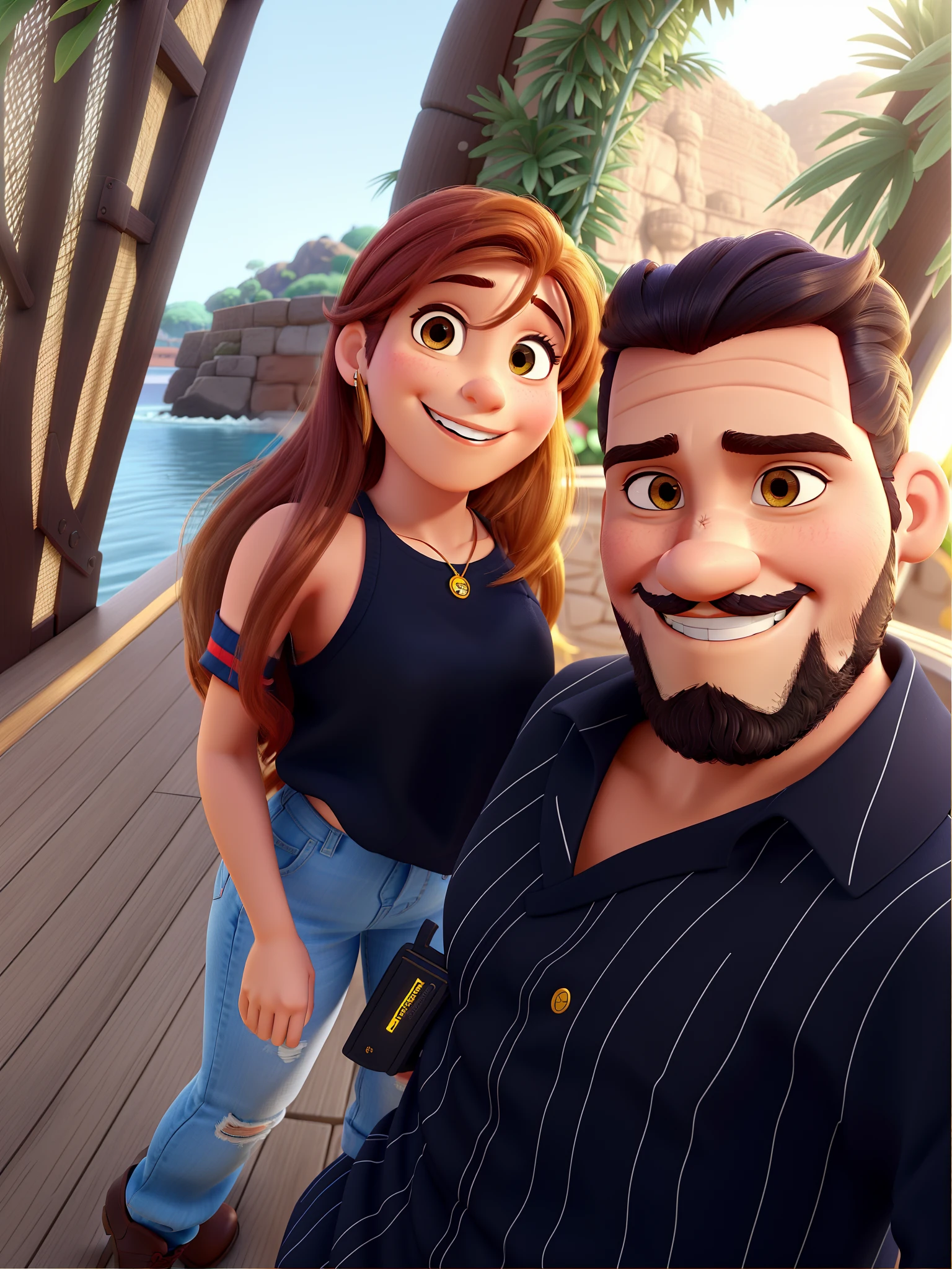 Mulher sorrindo cabelo amarelo, homem moreno , cabelo preto, com barba sorrindo, estilo Disney Pixar,alta qualidade, melhor qualidade.