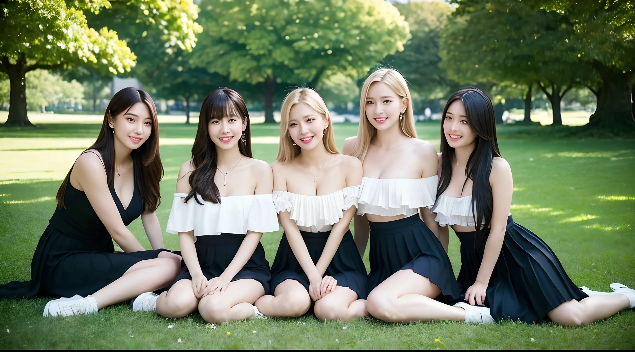 (3 female students, 1 elegant male), bright smile, beautiful mouth, (Bare shoulders), big breasts, pleated skirt, blonde hair, long black hair, bangs, sitting on the grass full of flowers in the park ( Best quality, Super detailed), (Heavenly starlight), (Wrapped in light), (Beautiful and mysterious),