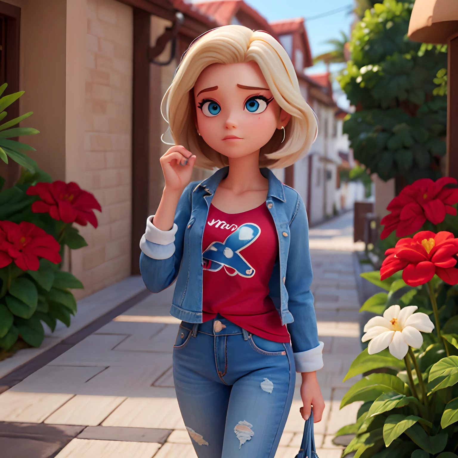 Uma mulher estilo disney pixar , cabelos lisos pretos, rosto redondo , veste short jeans , blusa vermelha com estampa de flores  e uma   
  cadela  preto e branco, viralata