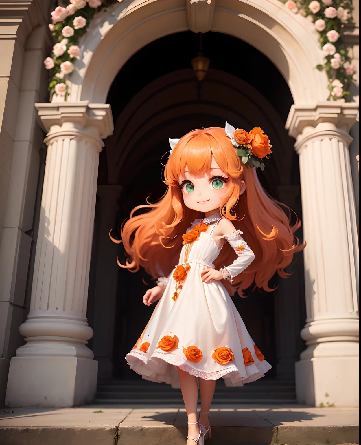 masterpiece、top-quality、ultra-detailliert、(Chibi Chara's Daughter:1.2)、Long orange hair swaying in the wind、Green eyes、(木🌲の帽子:1.2)、Long dress with orange ruffles and luxurious embellishments of peplum、Orange Pumps、Standing、A smile、The background is a fairytale forest、 (Arch of orange large-flowered roses:1.3)