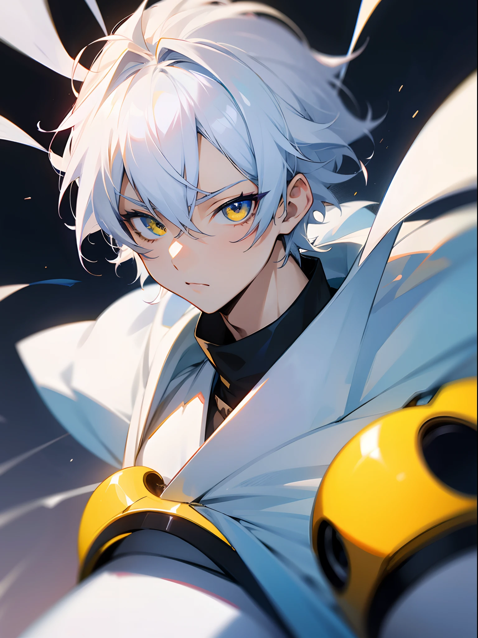 White haired anime guy, cool, 16 year old, face angles, cute, one eye blue other eye yellow