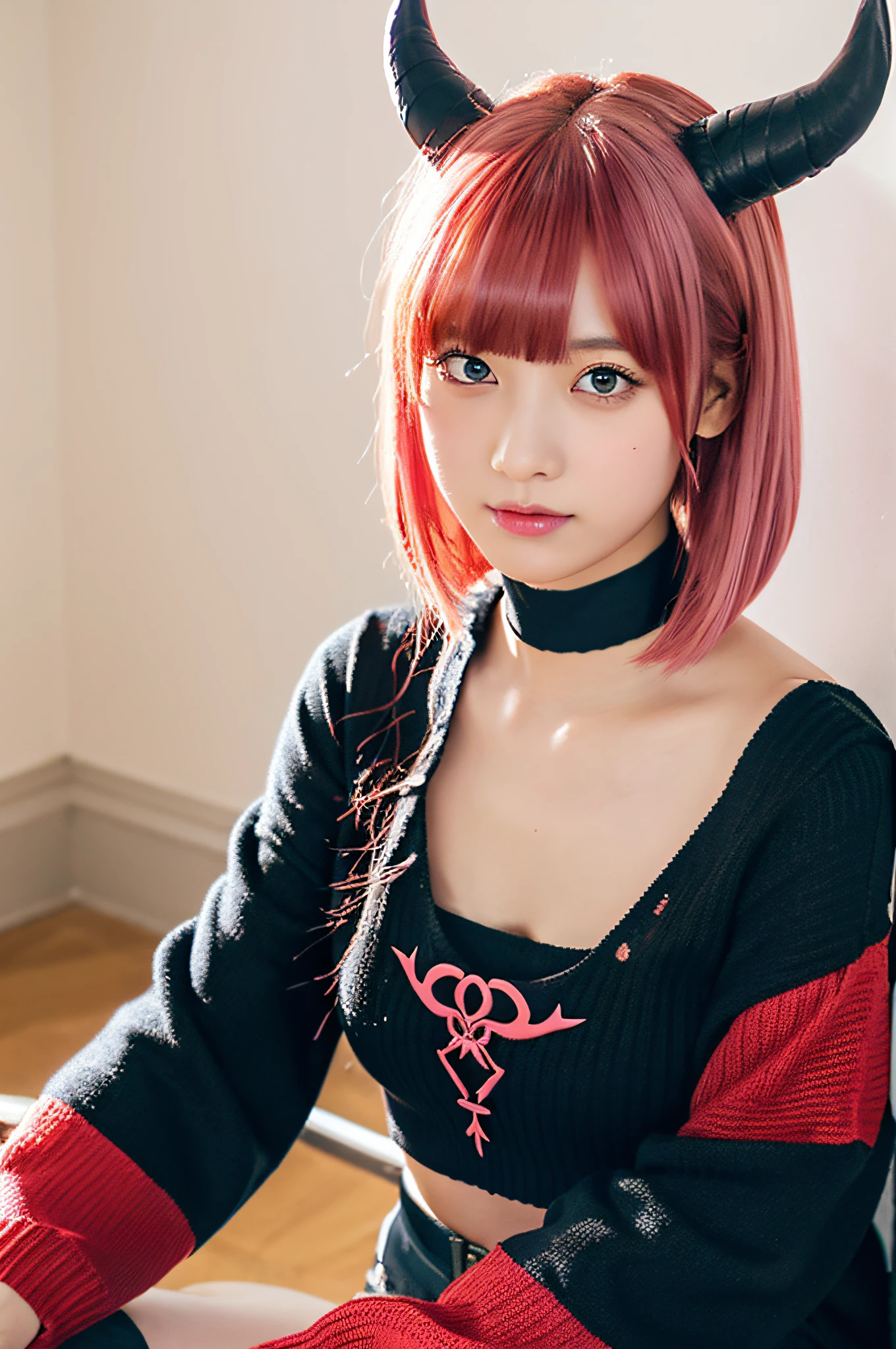 (masutepiece, Best Quality, Cute detailed wallpapers), (hight resolution, Ultra-detailed, Beautiful), (masutepiece, Best Quality), The illustrations are detailed, Many decorations, Upper body, From above, One female, 18 years old, Glowing red eyes, Pink hair, (, Two-tone mesh hair) Black sweater with open chest, Black choker on the thigh, Two horns, Devil's Tail, Demon Costume
