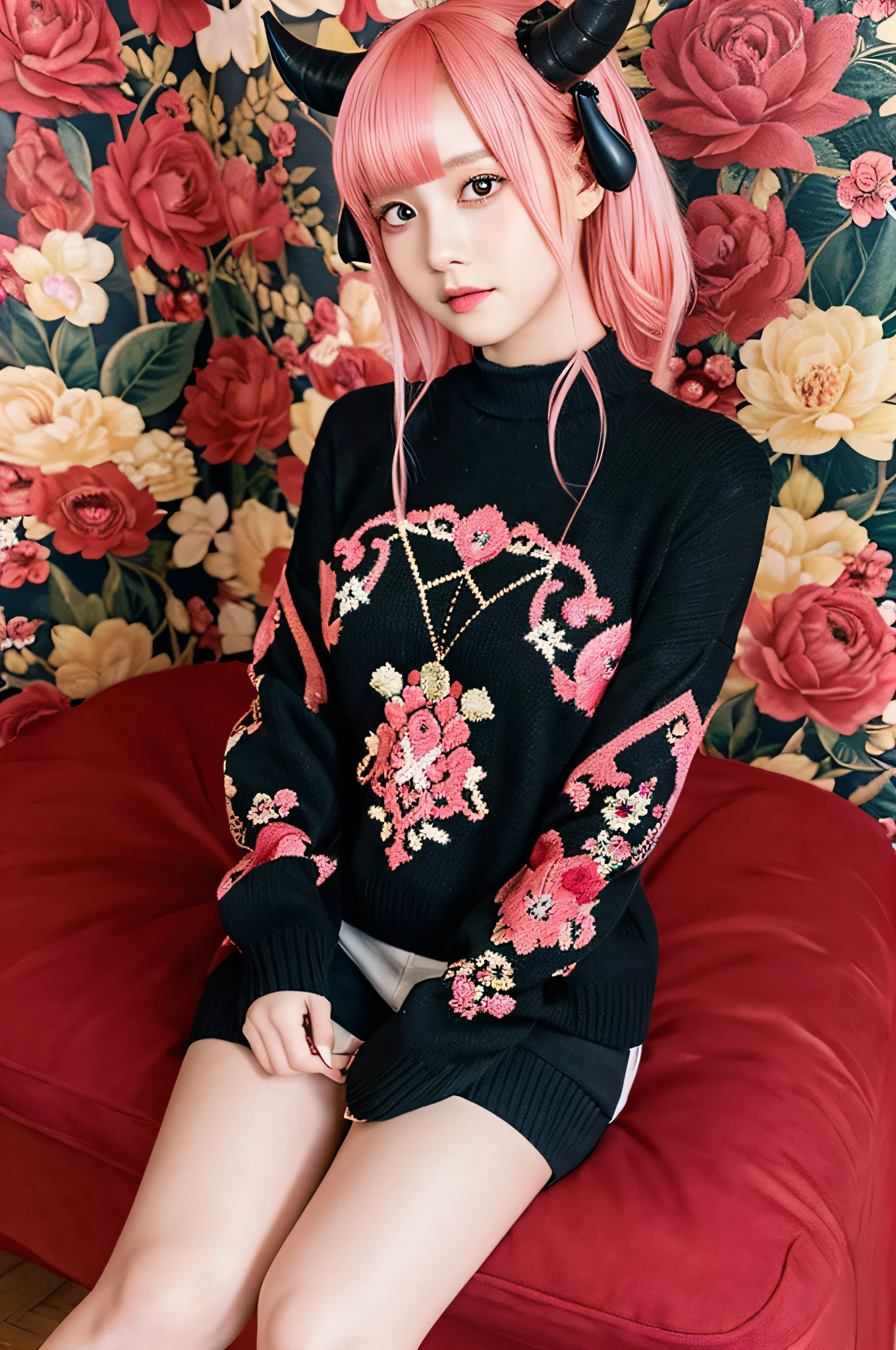 (masutepiece, Best Quality, Cute detailed wallpapers), (hight resolution, Ultra-detailed, Beautiful), (masutepiece, Best Quality), The illustrations are detailed, Many decorations, Upper body, From  above, One female, 18 years old, Glowing red eyes, Pink hair, (, Two-tone mesh hair) Black sweater with open chest, Black choker on the thigh, Two horns, Devil's Tail, Demon Costume