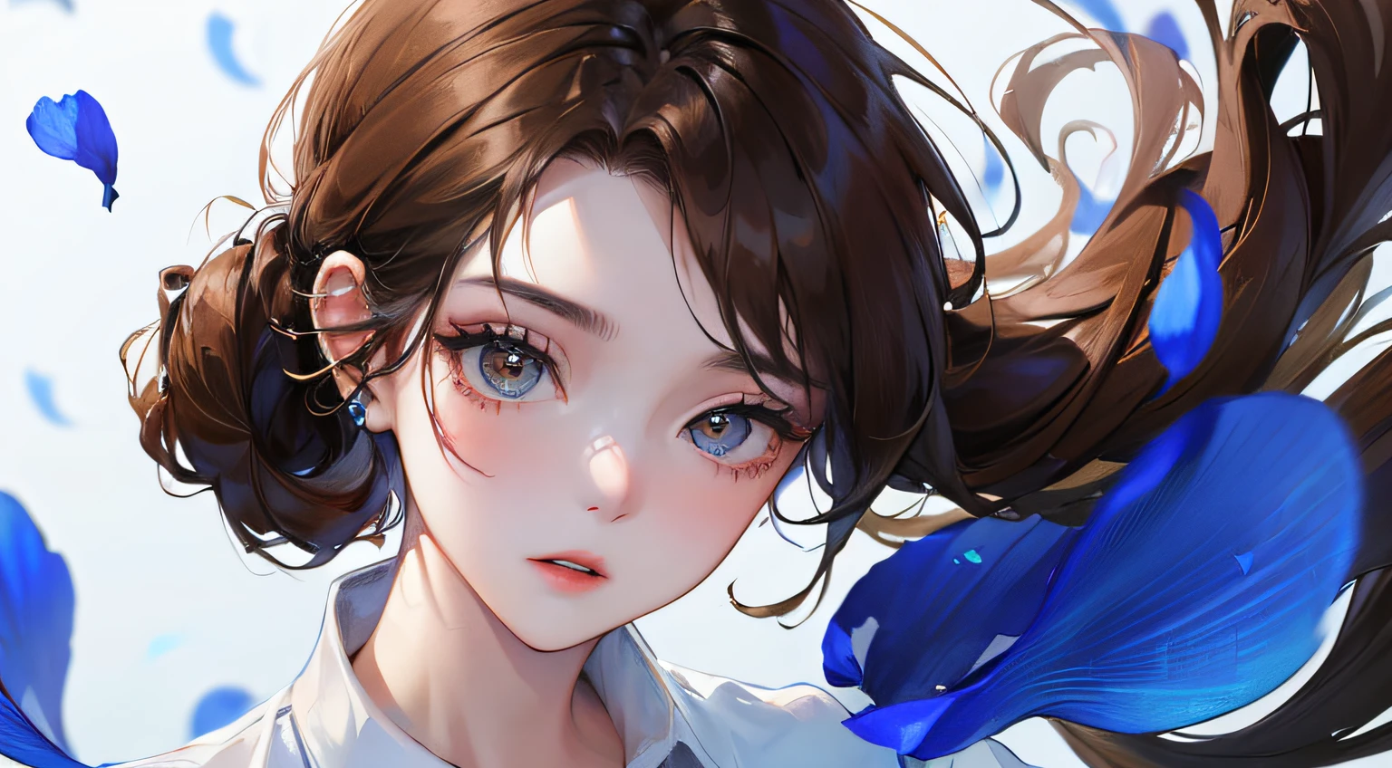 (((1人の女性)))、(Top resolution、Distinct_image) best qualtiy、(((Transparency)))、contrasts of light and shadow、eye glass、simple background、((Soaring blue petals))、((illuminating))、ighly detailed、Semi-realistic、Brown hair、((makeups)),Braided hairstyle、deadpan、bangss、20yr old、年轻、((White shirt))、((View from above))、delicated facial features、Facial features、Full body like、