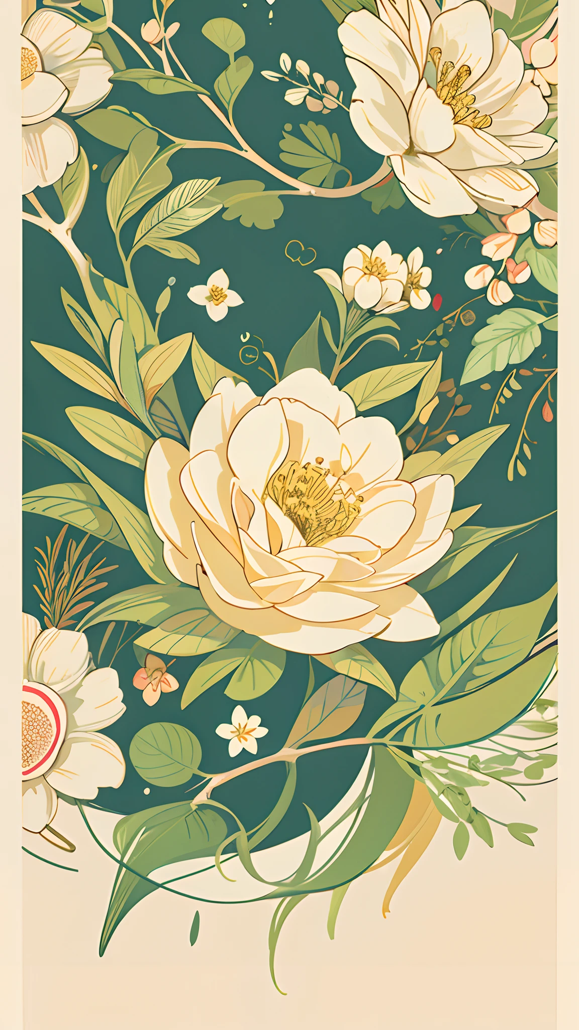 Slight vintage color,planar,,RISO print style,illustration,adolable,Leave white space,low-saturation,Lots of flowers，Individually arranged，leafs，branches，Printing， a sticker，Random distribution，Lovely drawing style， Color guide，Graphic design，Carpet pattern，（solid color backdrop）