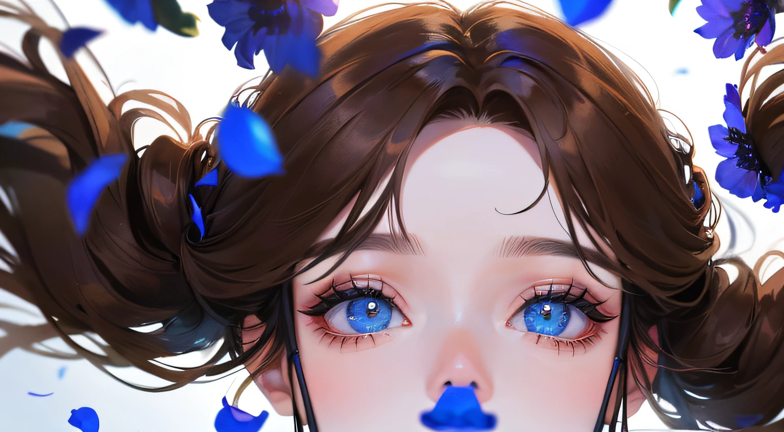 (((1人の女性)))、(Top resolution、Distinct_image) best qualtiy、(((Transparency)))、contrasts of light and shadow、eye glass、simple background、((Blue petals))、((illuminating))、ighly detailed、Semi-realistic、Brown hair、((makeups)),Braided hairstyle、deadpan、bangss、20yr old、年轻、((White shirt))、((View from above))、delicated facial features、Facial features、full-shot、