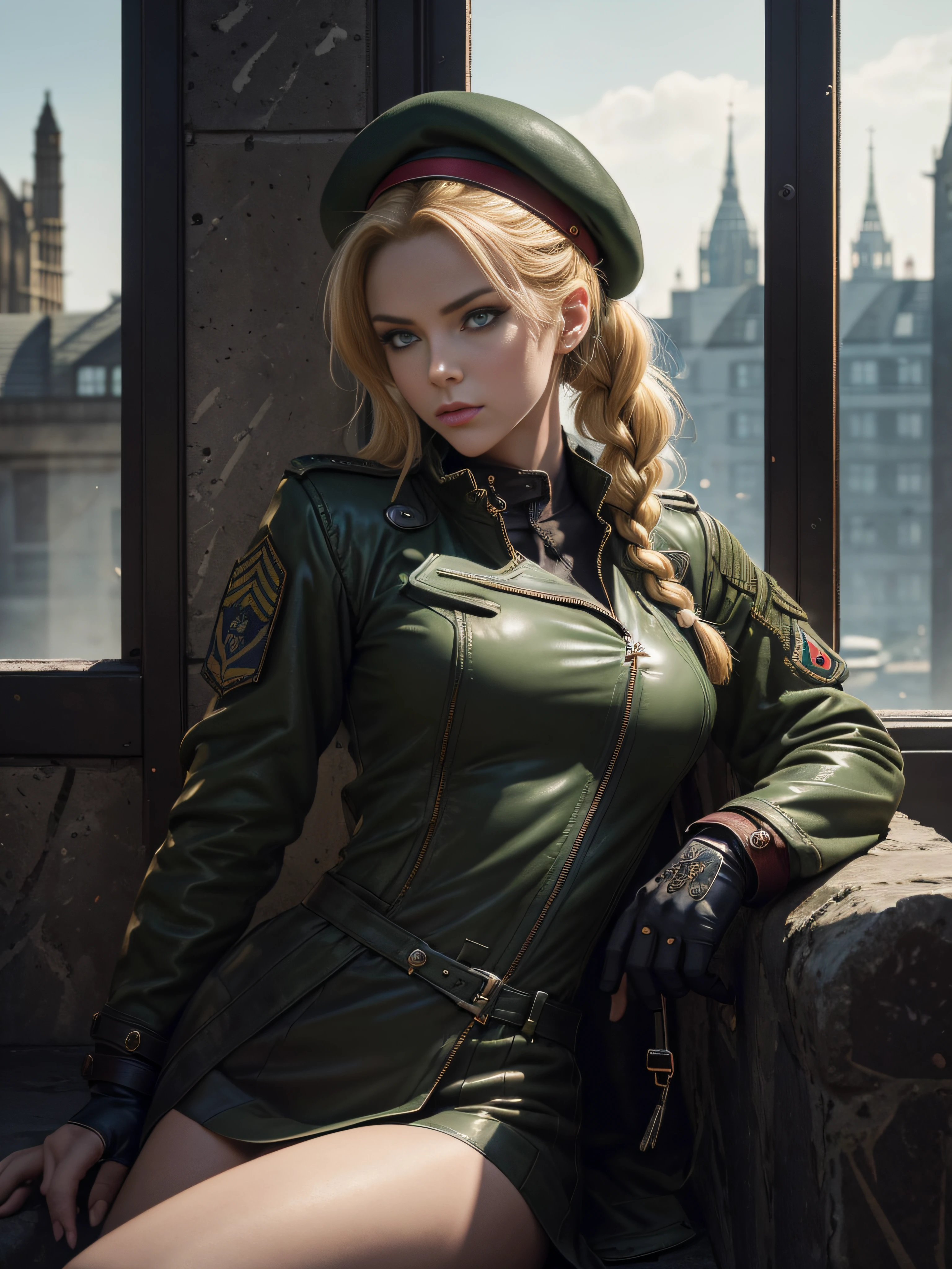 "(exquisitely detailed CG unity 8k wallpaper, masterpiece-quality with stunning realism), (best illumination, best shadow), (best quality), (elegant style:1.2), Arti modern anime. angled view, heroic pose, closeup full body portrait of stunningly beautiful cammy from street fighter, Masterpiece, best quality, highres, mature Cammy white, twin braids, long hair, blonde hair, antenna hair, beret, (red headwear:1), blue eyes, scar on cheek, green military leotard, green military skirt, red gloves, fingerless gloves, camouflage, (fully clothed:1), abs, depth of field blur effect, night, full zoom, action portrait, photorealistic. cinematic lighting, highly detailed. best quality, 4k, Better hand, perfect anatomy, leaning forward, foreshortening effects, coy flirty sexy expression, foreshortening effect, (piercing eyes:0.8), surrounded by an ominous and dark atmosphere, accentuated by dramatic and striking lighting, imbued with a sense of surreal fantasy". wearing laced military boots:1.5), (resting in london city MI6 in the morning:1.3) (wearing a British Military jacket:1.5) (mature:0.5)