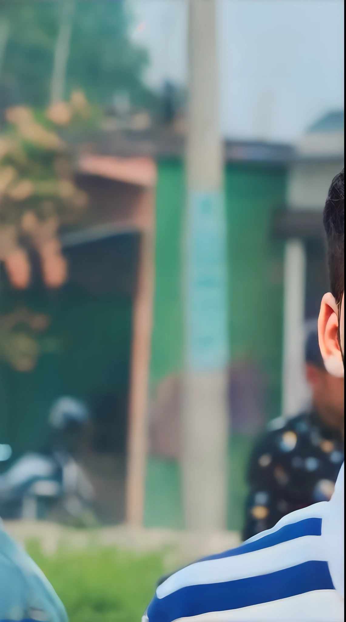 there is a man standing in front of a bike talking to a man, candid picture, candid photo, very very low quality picture, wearing stripe shirt, wearing polo shirt, mohamed chahin style, khyzyl saleem, mohamed chahin, handsome man, good looking face, with accurate face, with lovely look, very artistic pose, shot on nikon z9