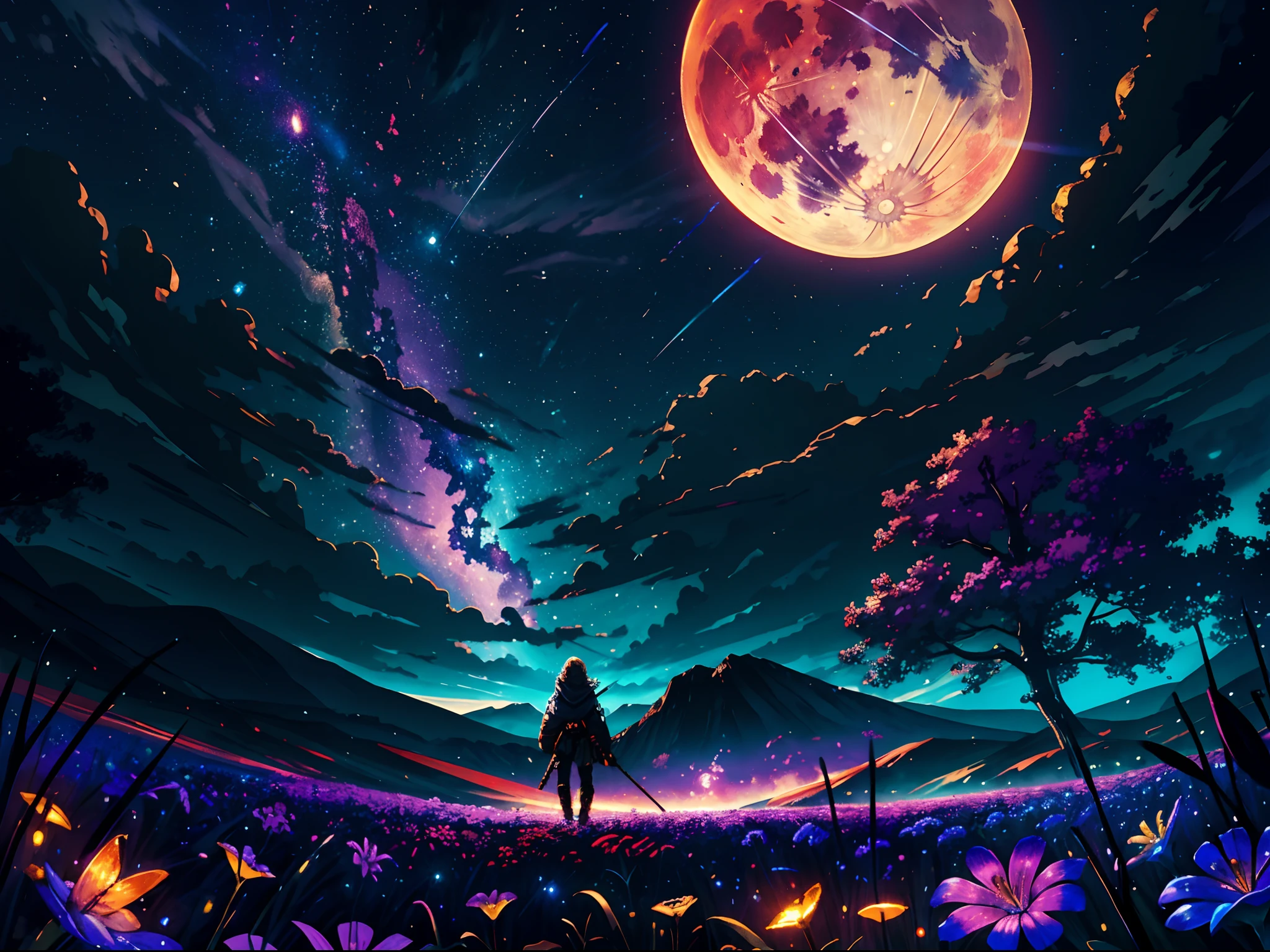 expansive landscape photograph , (a view from below that shows sky above and open field below), a girl standing on flower field looking up, (full moon:1.2), ( shooting stars:0.9), (nebula:1.3), distant mountain, tree BREAK
production art, (warm light source:1.2), (Firefly:1.2), lamp, lot of purple and orange, intricate details, volumetric lighting BREAK
(masterpiece:1.2), (best quality), 4k, ultra-detailed, (dynamic composition:1.4), highly detailed, colorful details,( iridescent colors:1.2), (glowing lighting, atmospheric lighting), dreamy, magical, (solo:1.2)