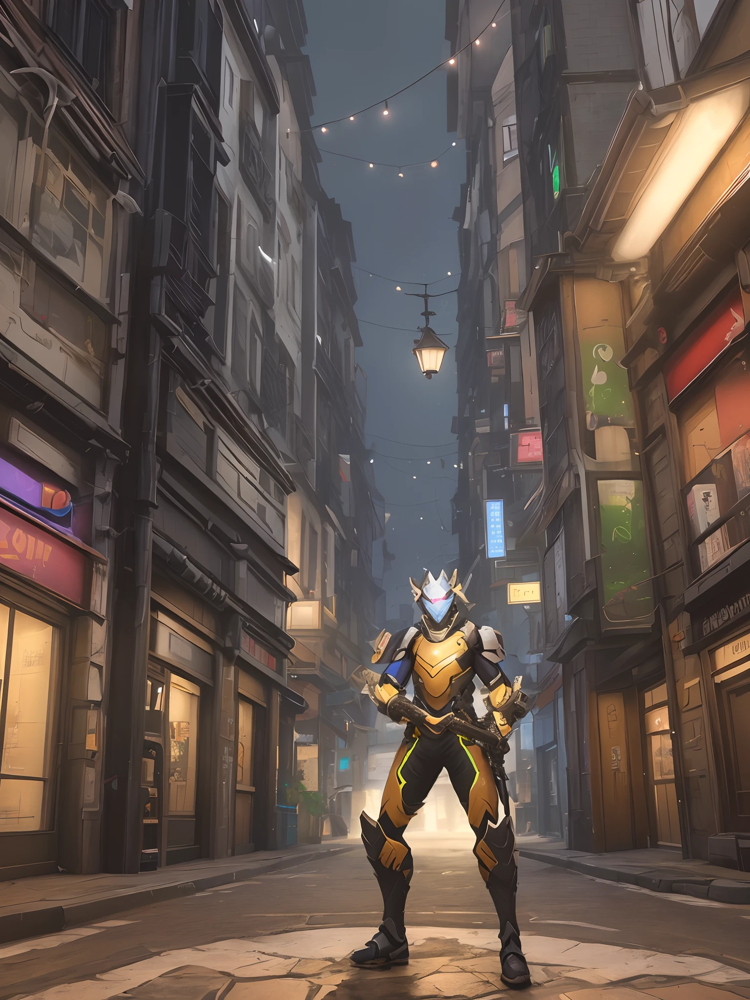 Hyper realistic genji from overwatch 2 sitting up against wall on kings row map on a rainy night with dim street lights everywhere while he is holding a gun to his head
