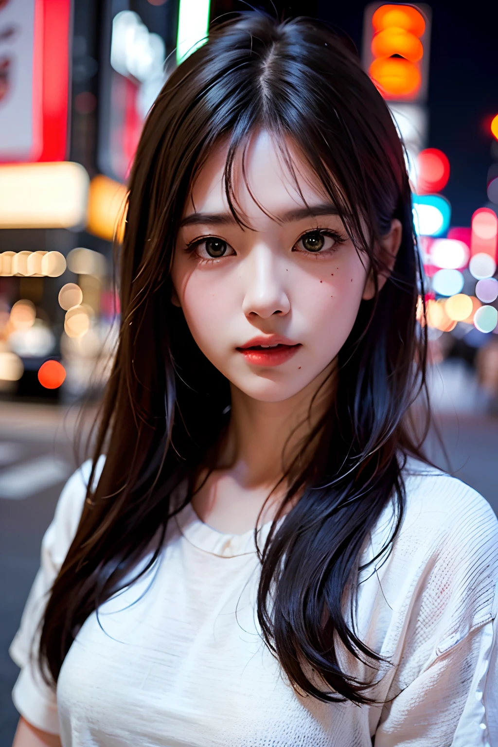 1girl, Tokyo street,night, cityscape,city lights, upper body,close-up, 8k, RAW photo, best quality, masterpiece,realistic, photo-realistic,