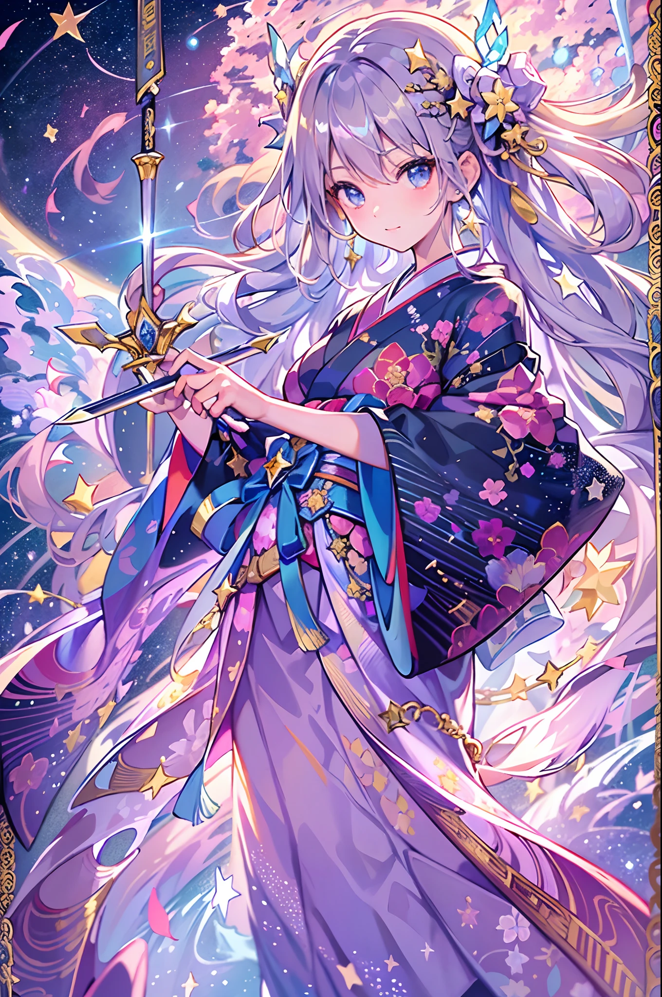 top-quality、Top image quality、​masterpiece、girl with、Beautifully shining stars々Glowing cosmic background、Girl in gorgeous Japanese style kimono、(He is holding a glowing greatsword)、Fantastic and beautiful、knifes、Holding a sword