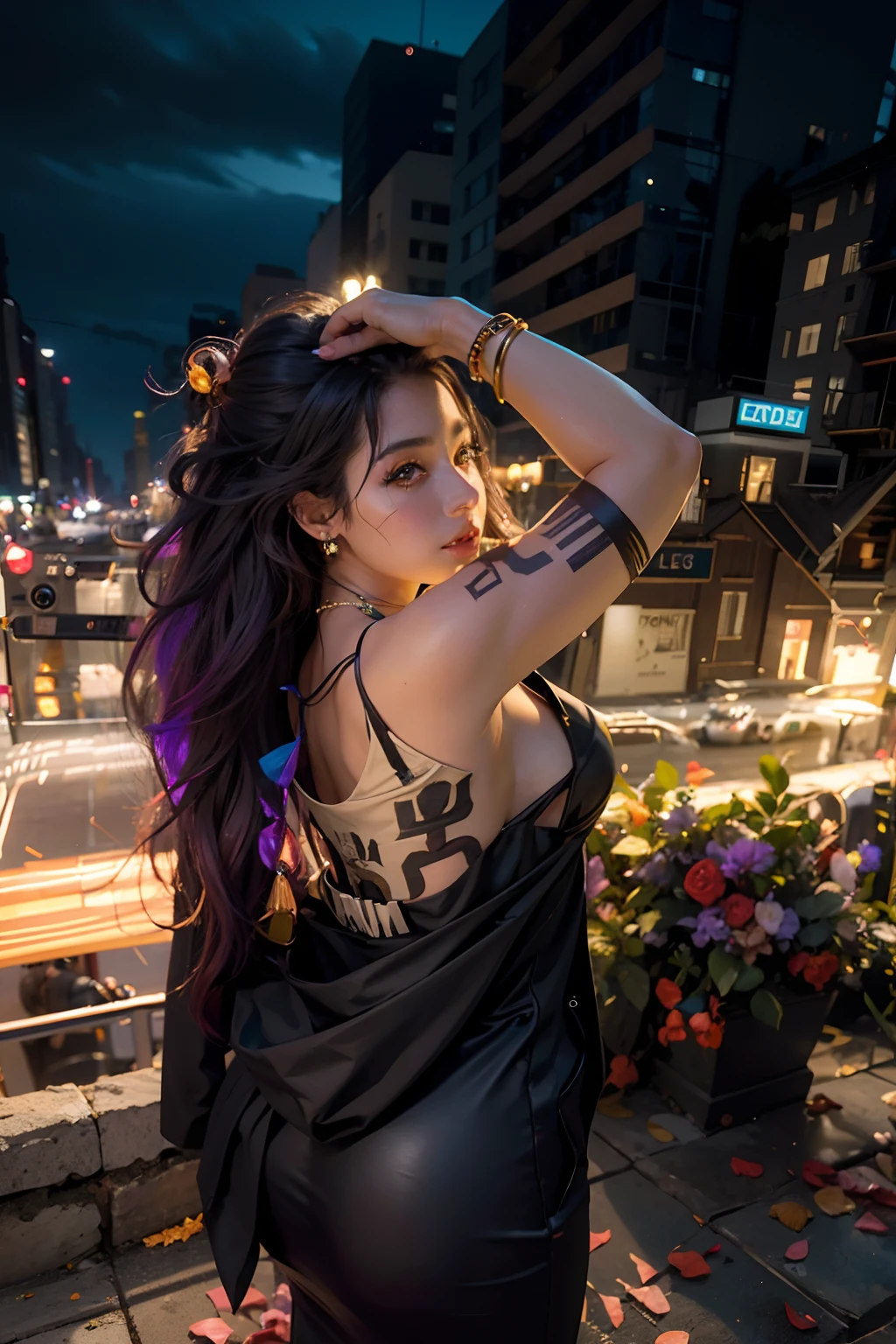 (absurdres, highres, ultra detailed), 2d, cheDark Fantasy,(masterpiece, best quality, ultra-detailed, highres, best illustration),perfect face, ((solo, solo focus)),sidelighting, lustrous skin,(bloom), (shine), ray tracing,1girl, solo, fair skin, jewelry, necklace, fair-skinned female, multicolored hair, lips, purple hair, upper body, brown eyes, breasts, bare shoulders, hair ornament, makeup, long hair, black hair, very dark skin, dreadlocks,depth_of_field, city background,very detailed background,extreme light and shadow,(detailed eyes), (beautiful) beautiful detailed eyes, perfect lighting , perfect anatomy,(extremely detailed illustrated 8k wallpaper),(masterpiece), (best quality), (ultra-detailed), (best illustration),(best shadow), vivid colors, portrait, shoulder, half body