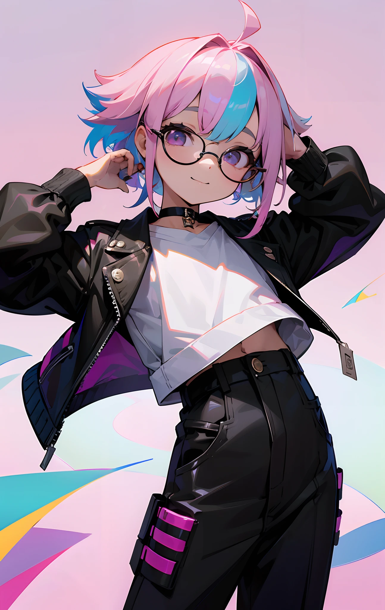 (Male child, eye glasses,A smile, silber hair)、独奏、jaket、Black jacket、Iridescent background、a choker、razor、Leather jacket、O cabelo multicolorido、cowboy shot、Color Inner Hair、bangss、White shirt、Fluffy clothes、Two-tone、Viewer's Perspective、is standing、a closed mouth、A pink-haired、Hand up、croptop、sideways Facing