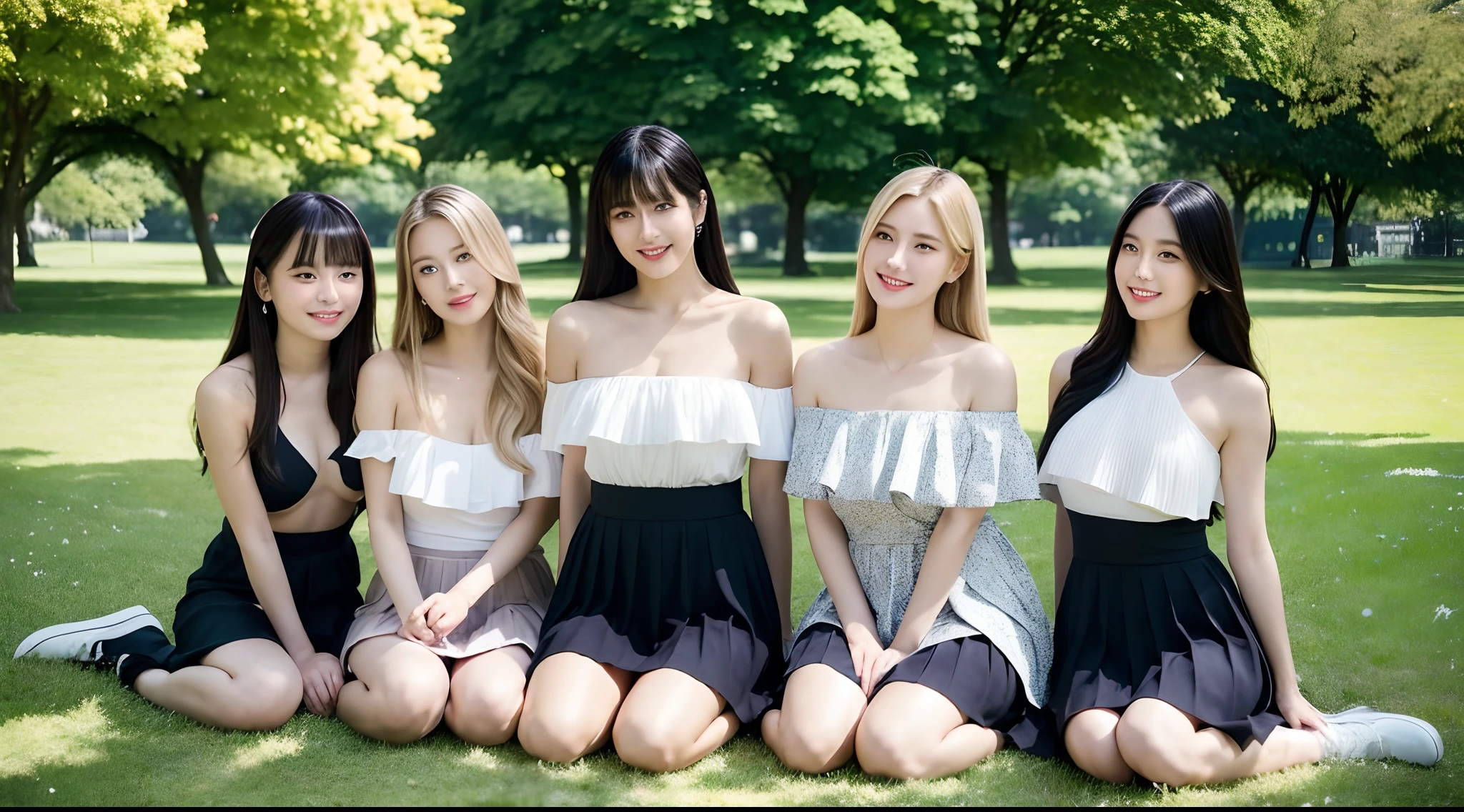 (3 female students, 1 elegant male), bright smile, beautiful mouth, (Bare shoulders), big breasts, pleated skirt, blonde hair, long black hair, bangs, sitting on the grass full of flowers in the park ( Best quality, Super detailed), (Heavenly starlight), (Wrapped in light), (Beautiful and mysterious),