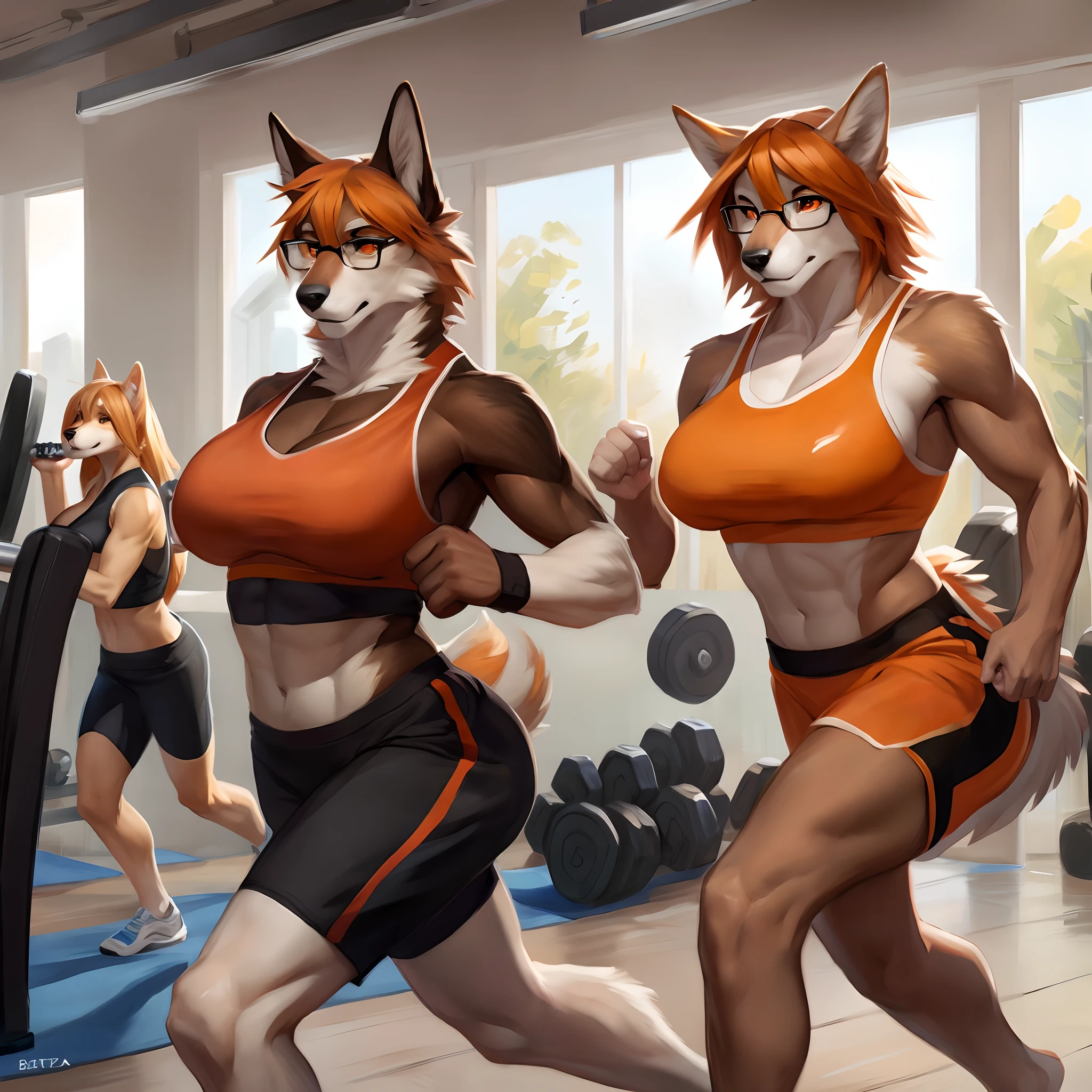 4k highly detailed realistic digital extremely high quality drawing, masterpiece, (by cutesexyrobutts), (uploaded on e621), (a full-body portrait of two anthro fox girls), ((hugging in a gym)), ((wearing a sexy sports bra and tight yoga pants)), (beautiful and detailed eyes:1.1), (thick black lips), (ponytail hair), detailed fur, wet fur, sweating, seductive, sexy, voluptuous, curvy body, hourglass figure, large breasts, muscles, cinematic lighting, (f1.8 short focus bokeh)