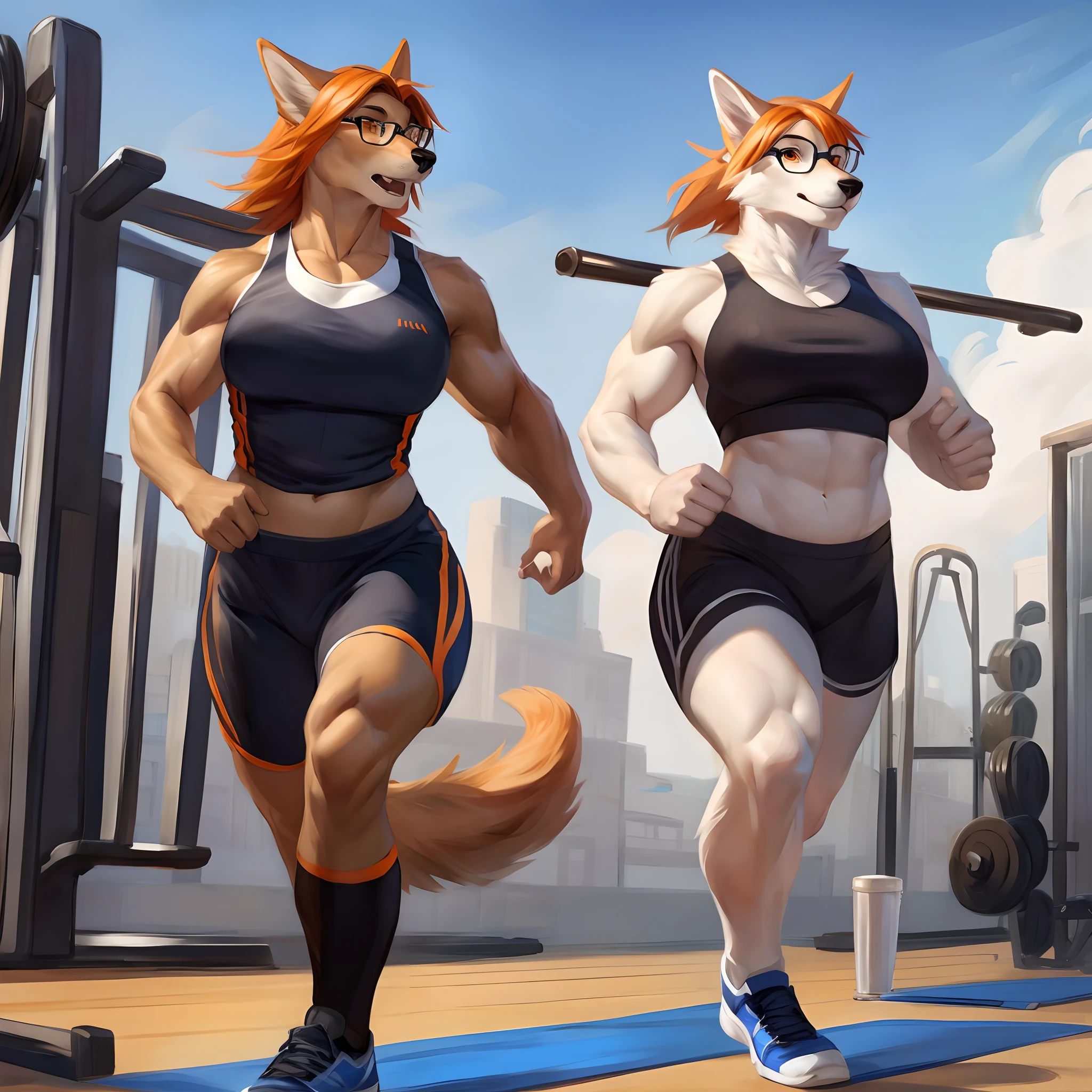 Duo ,female, male, big breasts, canine, white fur, orange eyes, orange hair, glasses, brown arms, muscular, By bebebebebe, by buta99, by chunie, by sonsasu, by danza, at the gym, running, workout clothes,