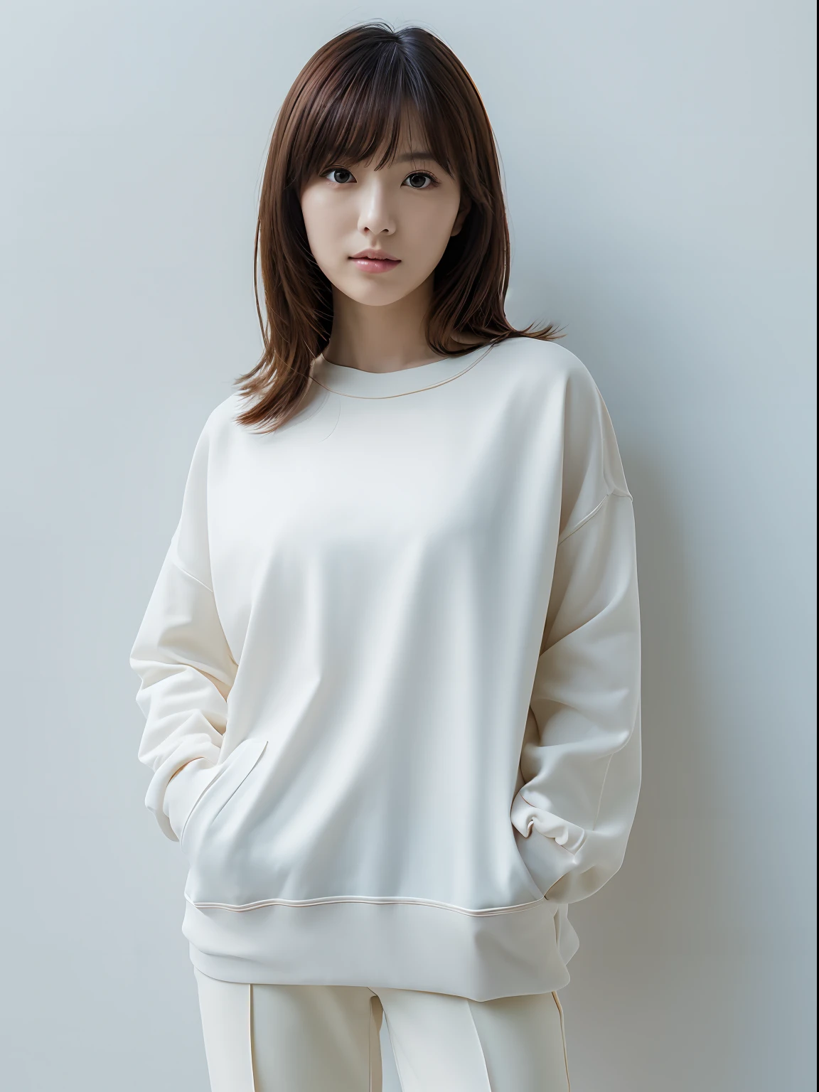 ((​masterpiece,top-quality)), (photographrealistic:1.4),((masutepiece,8K)),hight resolution, Japanese, 1 beautiful woman, Medium Hair, faint thin bangs, Age 32 years old, Detailed skin, Long-sleeved sweatshirt、cropped pants, Standing, White background, White Room,white walls, fully body photo