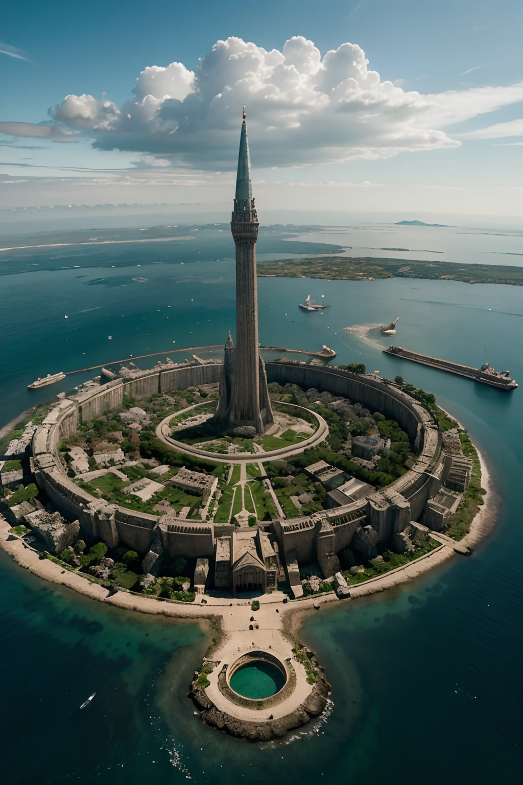 Aerial view On an island in the sea a giant city of white stones with 70 levels that rise more than 5000 meters above, medieval, Heavily fortified with giant black gates. catapultas de guerra e muralhas fortes. muitos soldados guerreiros protegem as entradas. Fazer igual cidade de Gondor, in the Middle-earth of Tolkien's universe. Cidade toda em formato circular com muitos 400 metros de diamentro. Each level above seems to taper connected by a track and a gate