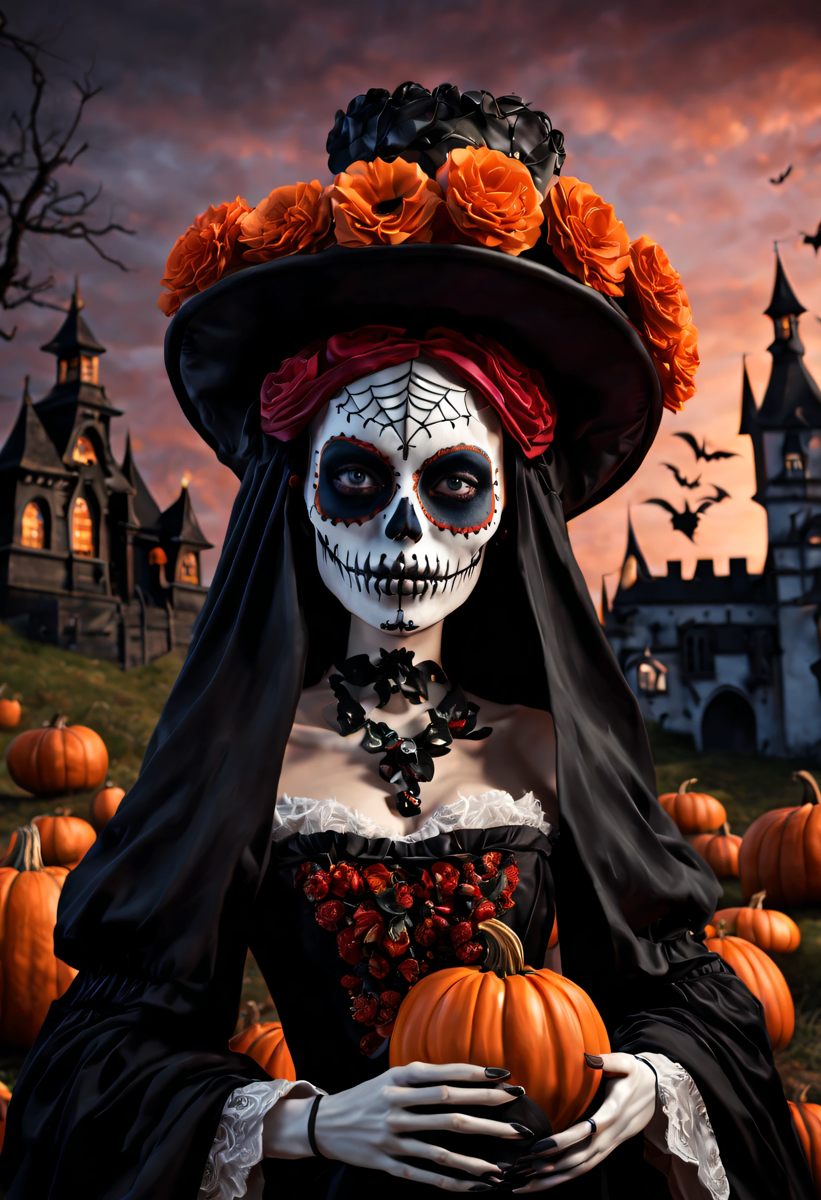 (best quality, 4k, 8k, high resolution, masterpiece: 1.2), ultra detailed, (realistic, photorealistic, photorealistic: 1.37),(An image of a creepy catrina in the foreground:1.42), Halloween scene with a castle and pumpkins. The castle is in the background and is dark and sinister. The path is lined with pumpkin lanterns and other Halloween decorations. The sky is dark and cloudy, creating an eerie and sinister atmosphere.