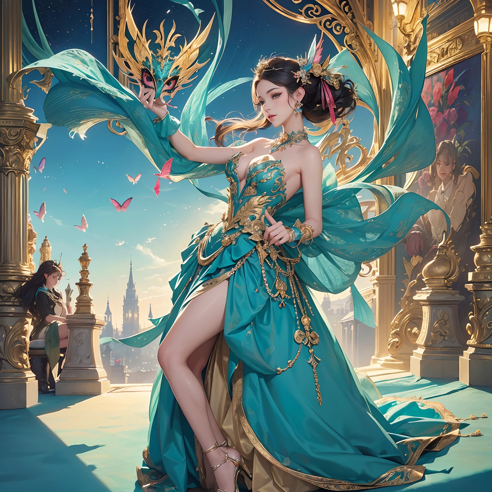 Vibrant colors、((masterpiece)))、(((top-quality)))、((ultra-detailliert))、(A hyper-realistic)、(highly detailed CGillustration)、Official art、Vienna at the beginning of the 20th century、Decadent、Madame Papillon、Masquerade、refinement、Elegance、Gorgeous、Gorgeous、Masks that cover most of the face、Colorful and detailed mask design、matchless beauty、Fans、Gorgeous Cocktail Dresses、jewely、Perfect Angle、perfect-composition。full body Esbian