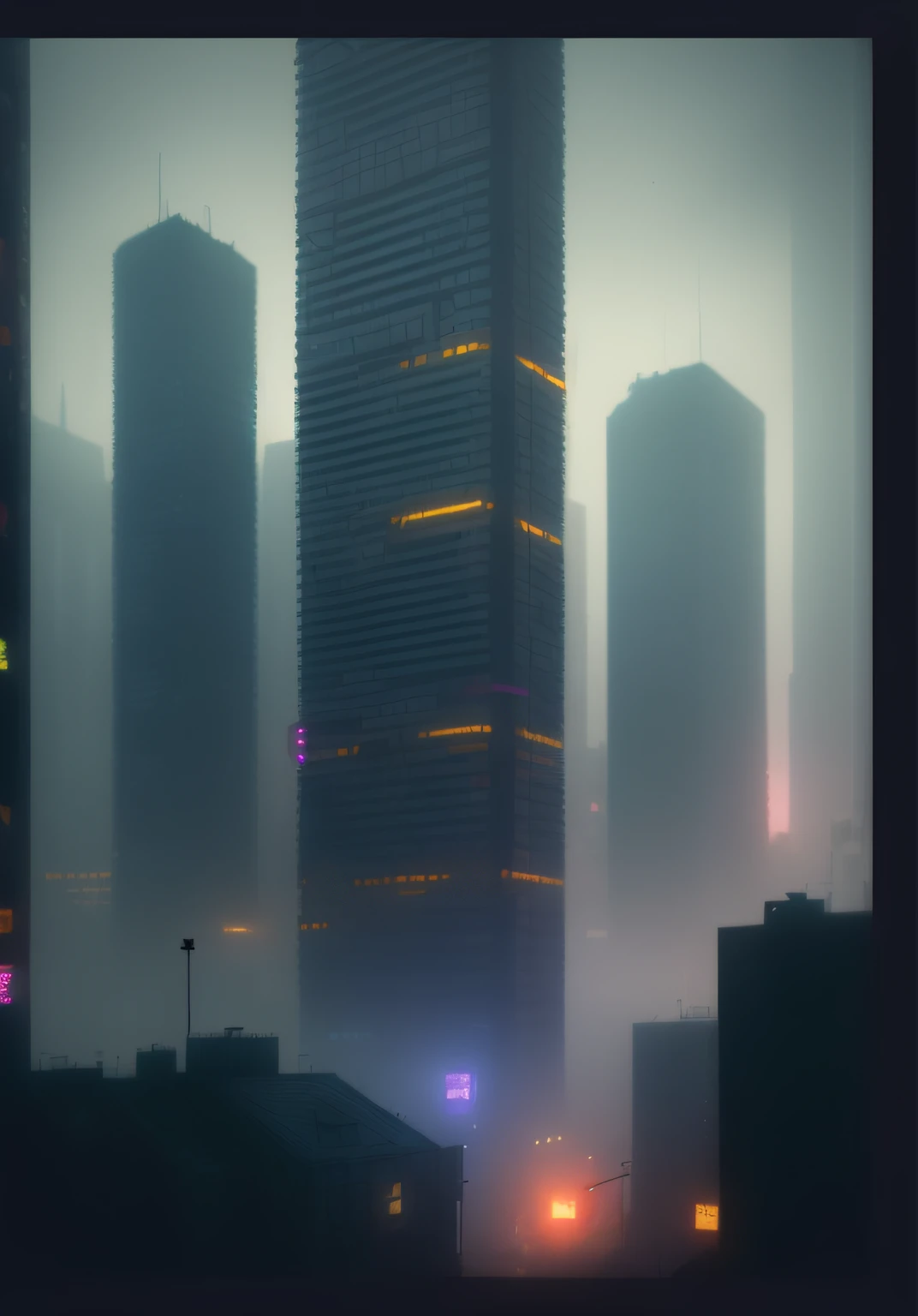 (best quality,4k,8k,highres,masterpiece:1.2),ultra-detailed,(realistic,photorealistic,photo-realistic:1.37),foggy building,illuminated lights,neon-lit night in fog, cyberpunk cityscape, cyberpunk architecture, cyberpunk cityscape, surreal cyberpunk city, 3D rendered buzz, neon-lit dystopian world, futuristic cityscape photo, urban sunset with misty neon lights