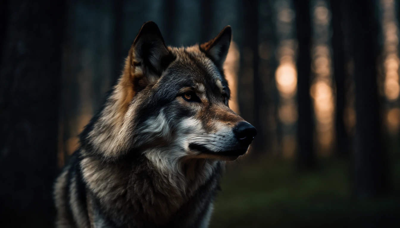 a lone wolf looking closely at the camera, night, cinematic