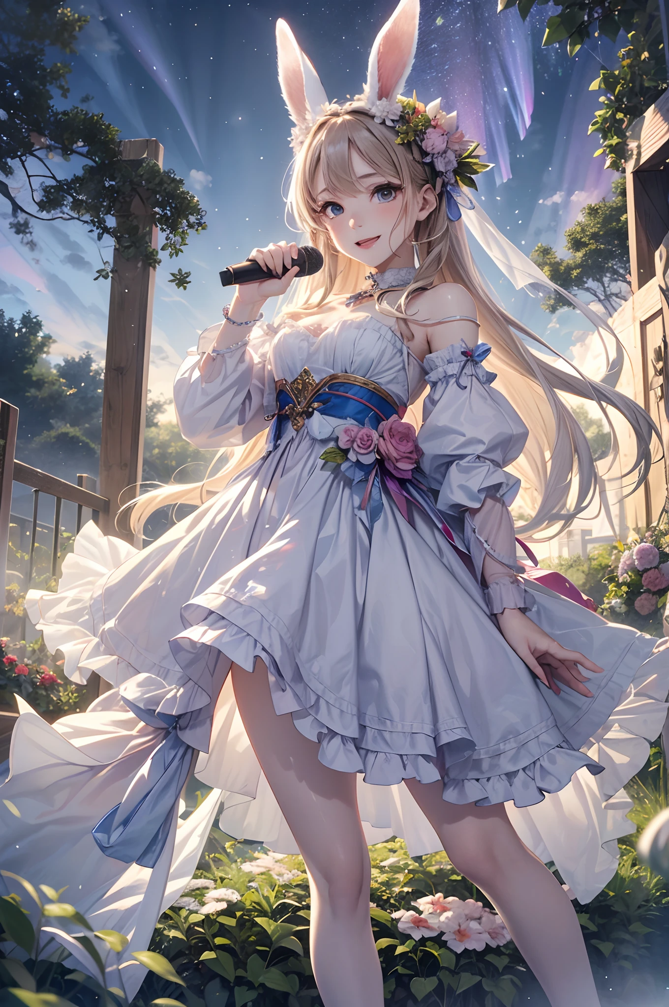 A girl with seductive eyes and dense lips、Nestled in a bustling garden,Looks like a smile. She defies fate、We embrace our own style, Dressing as a rabbit. On her left hand, She has the Aurora Borealis in her hands,、magical lights,She powdered the Bible in her own words々It has the following powers,As she sings, "hallelujah," Her voice echoes、Traveling beyond the rainbow, eternity、Reaching out at night. She moves gracefully, Despite the weight of grief, A person who walks an uncertain path々Light the way.