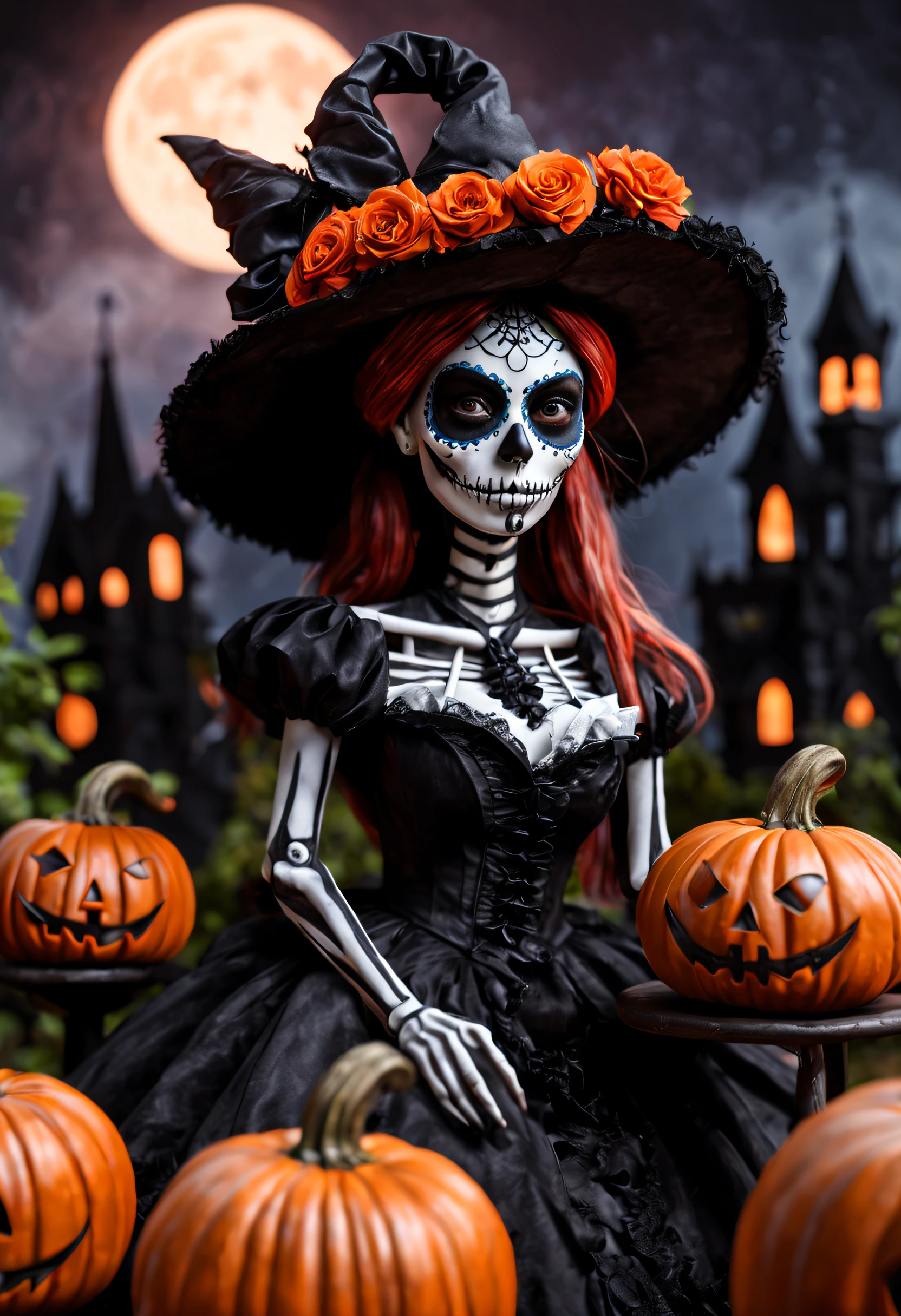 (best quality, 4k, 8k, high resolution, masterpiece: 1.2), ultra detailed, (realistic, photorealistic, photorealistic: 1.37),(An image of a creepy catrina in the foreground:1.42), Halloween scene with a castle and pumpkins. The castle is in the background and is dark and sinister. The path is lined with pumpkin lanterns and other Halloween decorations. The sky is dark and cloudy, creating an eerie and sinister atmosphere.
