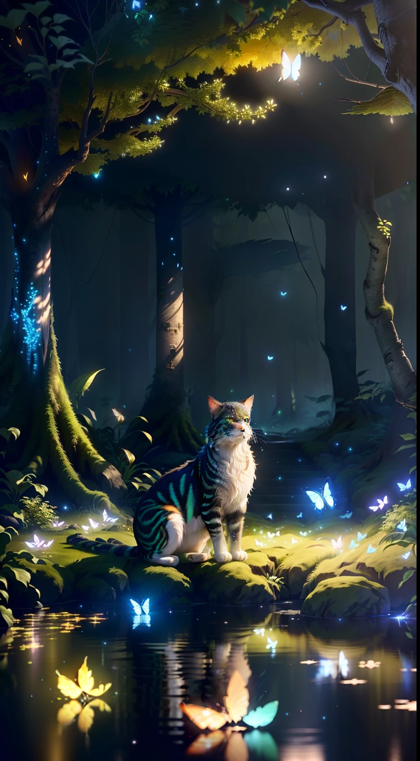 A masterpiece, the best quality, stunning reflections, the best reflections ever. (very detailed CG unity 8k wallpapers), (best quality), (best illustrations), (best shadows), forest theme with natural elements. Tall trees, quiet streams, small glowing mushrooms surrounded by delicate leaves and branches, with fireflies and glowing particle effects,, (natural elements), (jungle theme), (leaves), (twigs), (fireflies), butterflies, (delicate leaves), (glow), (particle effects). , Isometric 3D, Octane Rendering, Ray Traced, Super Detailed, cats waking, realistic cats, cute cat face