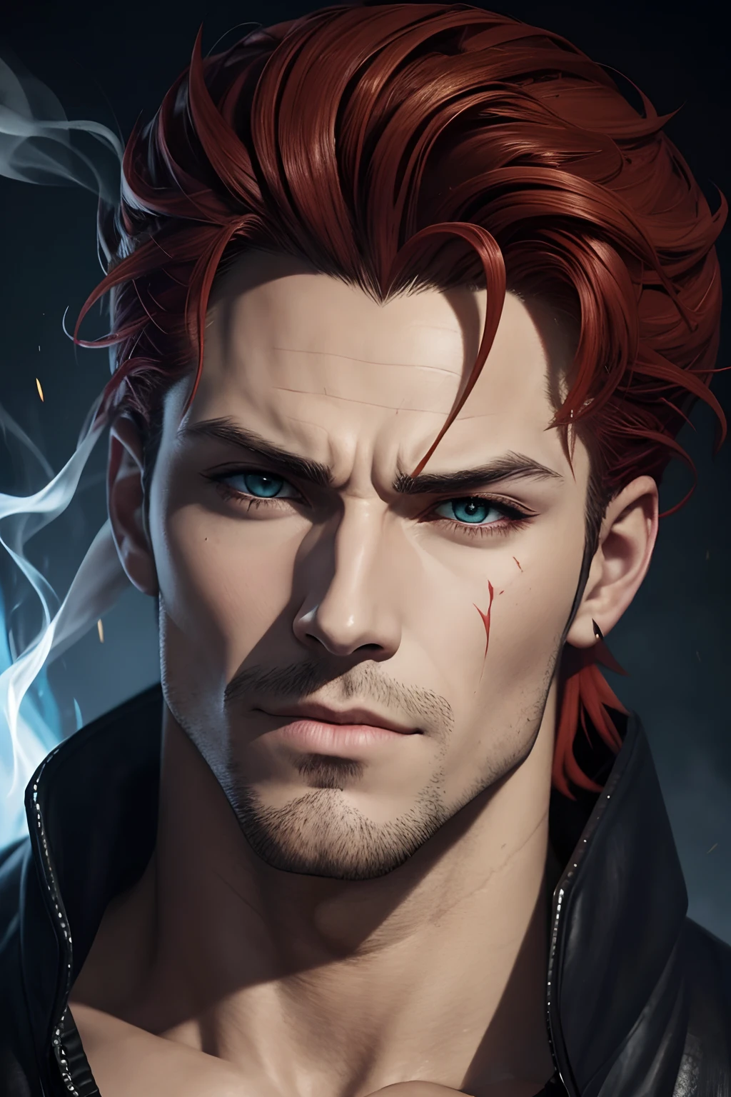 a close up of a man with a cigarette in his mouth, portrait de shanks le roux, portrait of hades, character from king of fighters, kakyoin, fantasy male portrait, character - portrait, character art portrait, handsome guy in demon slayer art, made with anime painter studio, male character, anime portrait of a handsome man make a logo with same styles scars on eyes