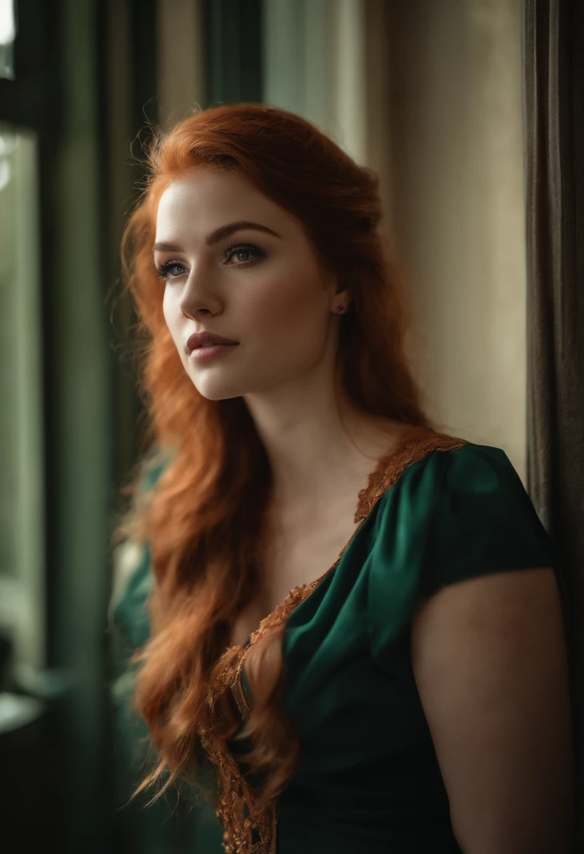 professionnel, (Photo 4K:1.1) par (Jeremy Lipking:0.3), (Dittmann Anna:0.3), (jiner:0.3), (mise au point nette:1.3), High detail, Porter (Chemise moulante:1.2), beautifull detailed face, An attractive woman with long red hair looks at the camera, resembling actress Katherine McNamara, Panasonic Lumix S Pro 50mm F/1.4, Anne Stokes, splash of color, dark orange and dark emerald, Ferrania P30, photo realist, (attractive young woman:1.3), (Seductive:1.1), (rougissant:1.1), Forme du corps du sablier, Gros seins ronds, hanches larges, dans un club, Prendre un selfie, Porter un pull