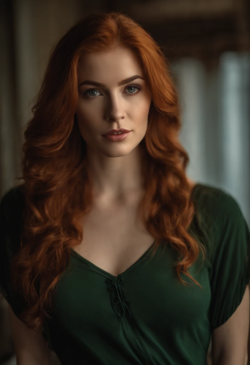 professionnel, (Photo 4K:1.1) par (Jeremy Lipking:0.3), (Dittmann Anna:0.3), (jiner:0.3), (mise au point nette:1.3), High detail, Porter (Chemise moulante:1.2), beautifull detailed face, An attractive woman with long red hair looks at the camera, resembling actress Katherine McNamara, Panasonic Lumix S Pro 50mm F/1.4, Anne Stokes, splash of color, dark orange and dark emerald, Ferrania P30, photo realist, (attractive young woman:1.3), (Seductive:1.1), (rougissant:1.1), Forme du corps du sablier, Gros seins ronds, hanches larges, dans un club, Prendre un selfie, Porter un pull
