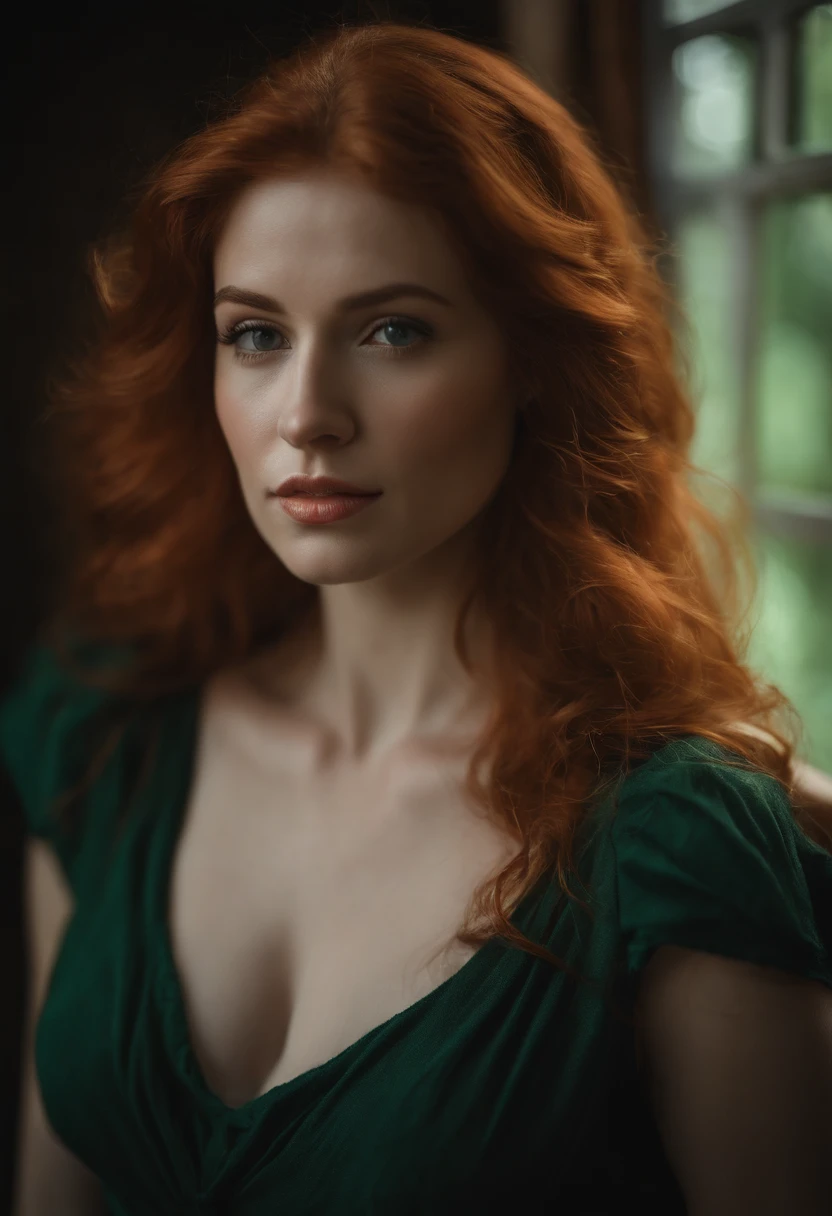 professionnel, (Photo 4K:1.1) par (Jeremy Lipking:0.3), (Dittmann Anna:0.3), (jiner:0.3), (mise au point nette:1.3), High detail, Porter (Chemise moulante:1.2), beautifull detailed face, An attractive woman with long red hair looks at the camera, resembling actress Katherine McNamara, Panasonic Lumix S Pro 50mm F/1.4, Anne Stokes, splash of color, dark orange and dark emerald, Ferrania P30, photo realist, (attractive young woman:1.3), (Seductive:1.1), (rougissant:1.1), Forme du corps du sablier, Gros seins ronds, hanches larges, dans un club, Prendre un selfie, Porter un pull