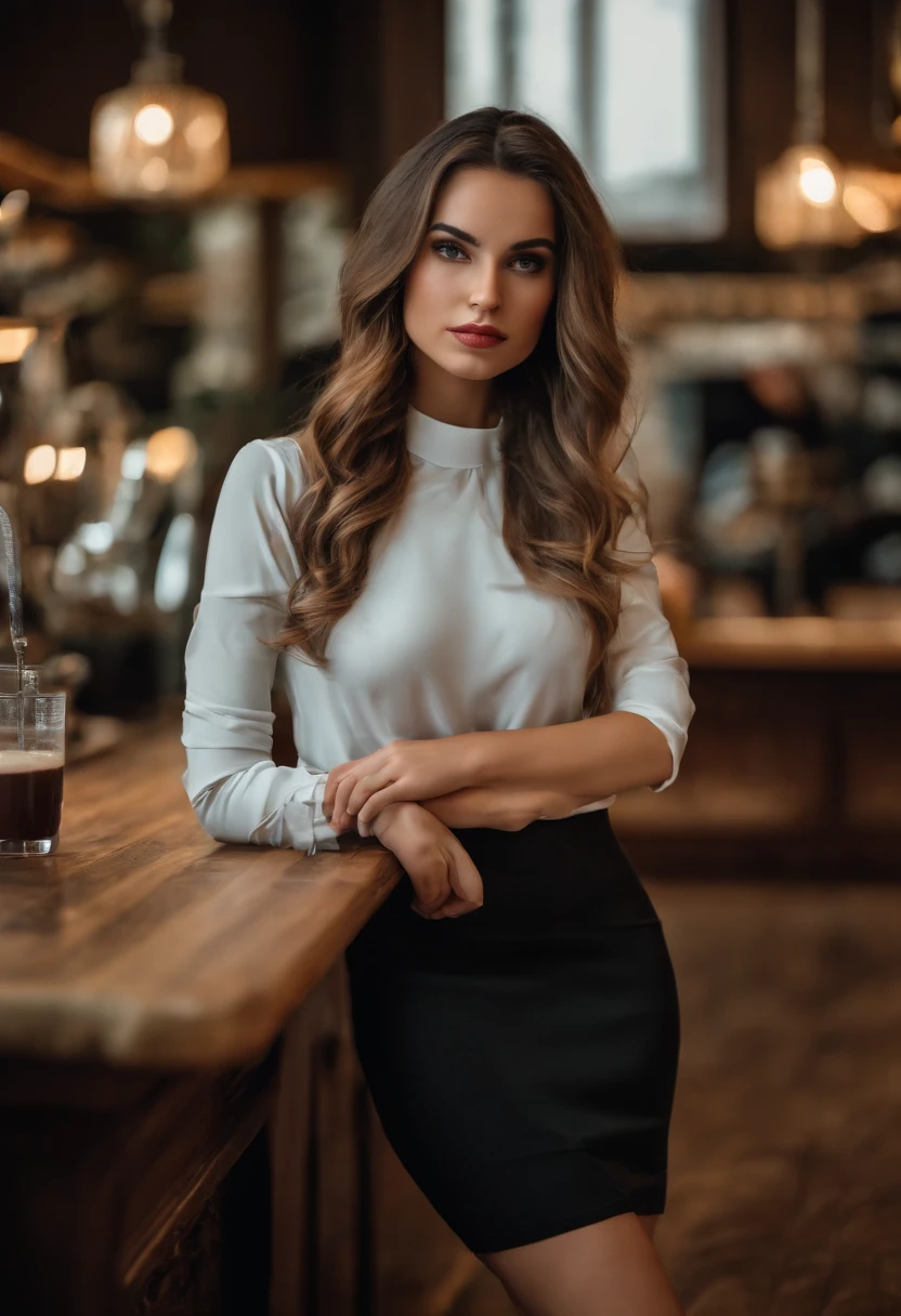 young women, sexy girl, black miniskirt, attractive body, realistic, beautiful legs, brunette, cafe, reataurant