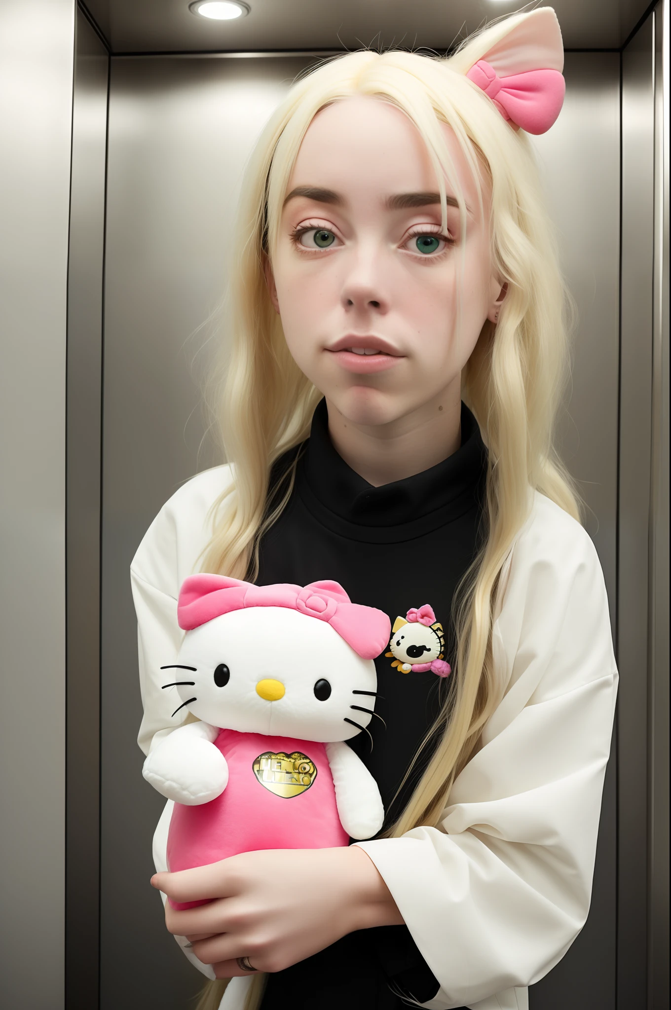 Fisheye photograph of Billie Eilish with blond hair holding a hello kitty plush in an elevator