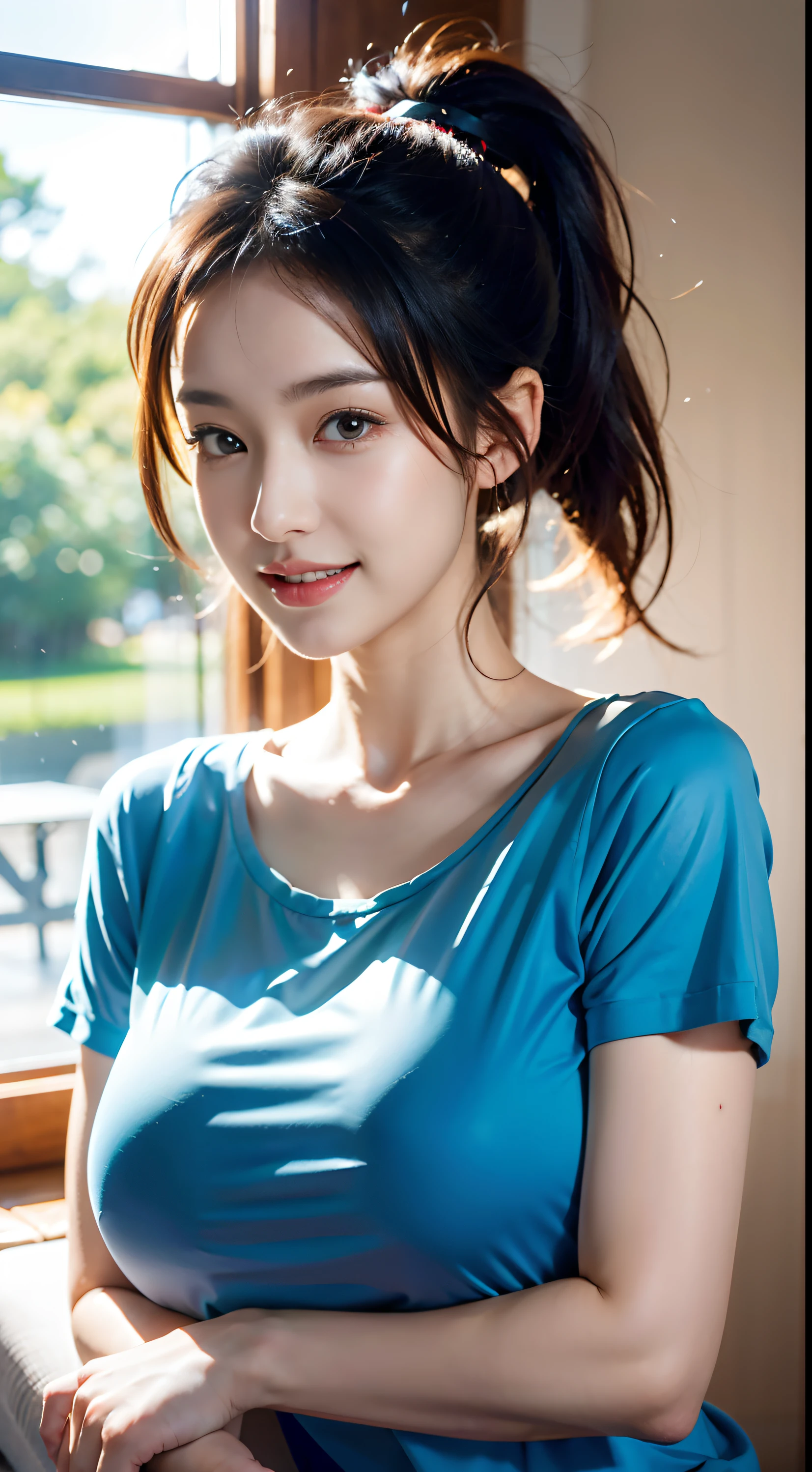 A medium shot anime portrait of a happy brunette anime woman, a single short ponytail, parted hair, bare forehead, blue-eyed, blue eyes, big nose, gums, with large breasts, wearing a t-shirt, solid background, by Stanley Artgerm Lau, WLOP, Rossdraws, James Jean, Andrei Riabovitchev, Marc Simonetti, and Sakimi chan, trending on artstation