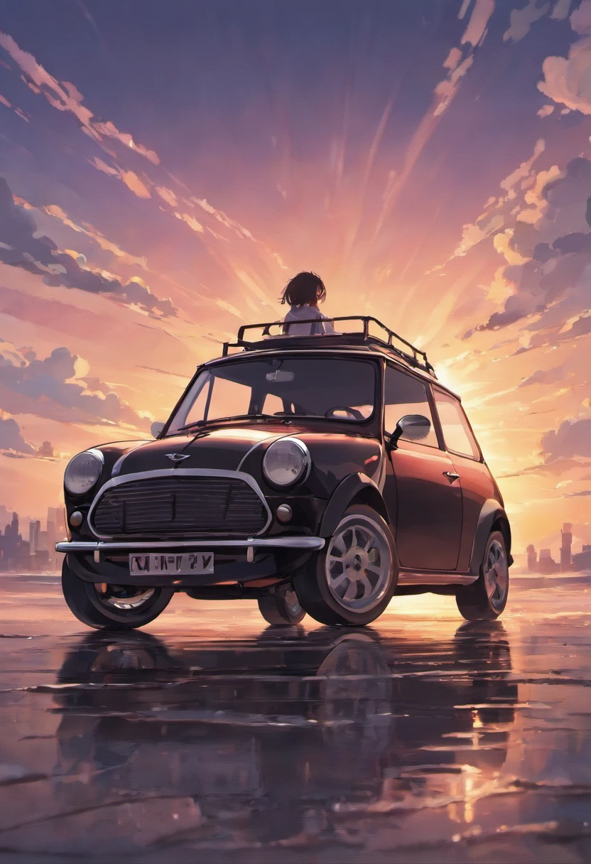 The same real Mini Cooper in front of the setting sun, Soft lines, Vector sticker art, Black & White Wheel, vector style, 4K, Black & White Style