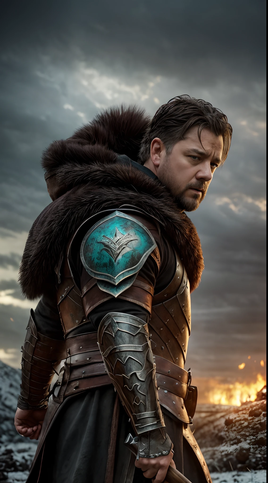 (Movie Premiere Poster 1.8),(tmasterpiece)Ancient Roman battlefields,Movie Gladiator,plot,,Russell Crowe((Russell Ella Crowe)(he is about 30 years old)),(Hairstyles:Short dark brown hair,Small waves),(Wearing:Metal armor,Black bear skin as a cloak,(rendering by octane, illusory engine, Highly detailed, iintricate,)), with an axe,,Fight on the battlefield,Slash and kill enemies,His army,Victory after victory,Defeat ten times as many enemies as you can be,Kill all the way to Lone Peak,(Angry,Brave,intense battles,),8K, High definition, Detailed face, Detailed eyes,Hyper-realistic, + cinema shot + Dynamic composition, Incredibly detailed, Sharpen, Details + Superb details + perfectionism + award winning realism ((Moody lighting)),Vintage style,Correct anatomy,(Scenes:Winter cold forest,Medieval battlefield,The King's Banner,Flying flames,),((Masterpiece,Best quality)), ((Cinematic light)), Ultra photo realsisim, fearsome, Dark fantasy, epic realistic, Faded, ((com cores neutras)), (hdr:1.5), (pastel colour:1.2), ultra - detailed, (Art Station:1.5), Cinematic, warm lights, Light effect, Dramaticlight, (Intricate details:1.1), the complex background, (greg rutkovsky:0.8), (Teal and orange:0.4),