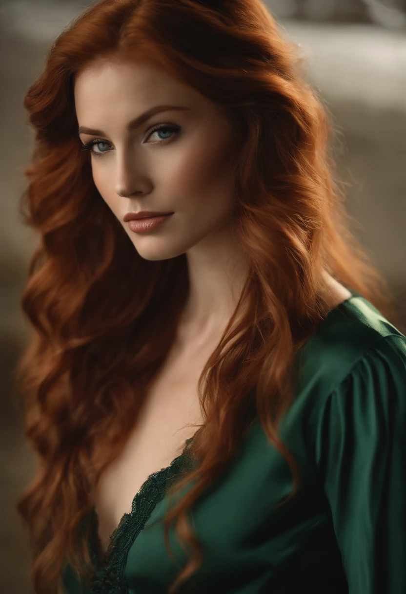 professionnel, (Photo 4K:1.1) par (Jeremy Lipking:0.3), (Dittmann Anna:0.3), (jiner:0.3), (mise au point nette:1.3), High detail, Porter (Chemise moulante:1.2), beautifull detailed face, An attractive woman with long red hair looks at the camera, resembling actress Katherine McNamara, Panasonic Lumix S Pro 50mm F/1.4, Anne Stokes, splash of color, dark orange and dark emerald, Ferrania P30, photo realist, (attractive young woman:1.3), (Seductive:1.1), (rougissant:1.1), Forme du corps du sablier, Gros seins ronds, hanches larges, dans un club, Prendre un selfie, Porter un pull, wearing red satin dress,