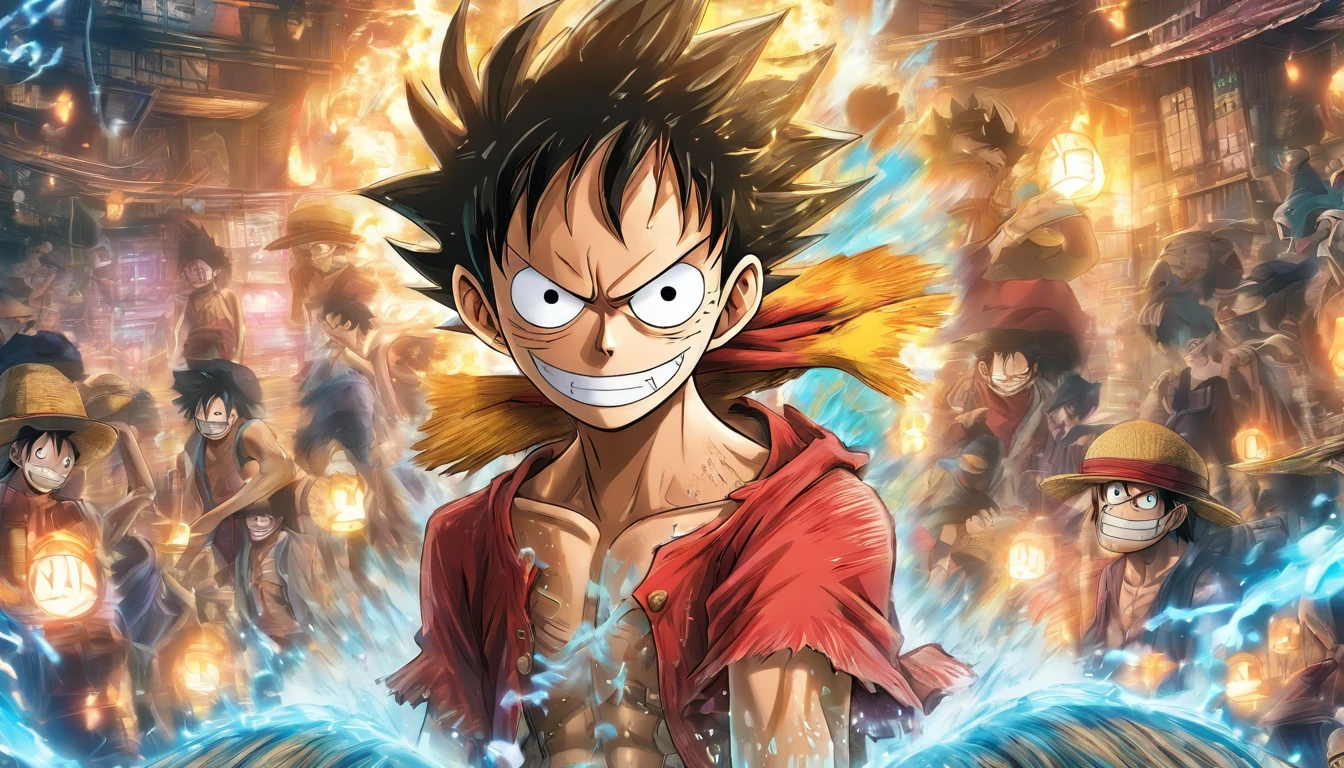 (((Gear5))) Monkey D Luffy in anime in the middle with his back turned against the viewer he has expressions and poses of confusion and despair he is being surrounded by many invisible screens he is wearing a hoodie it’s a cyberpunk environment the background is white the male, straw-hat in his back