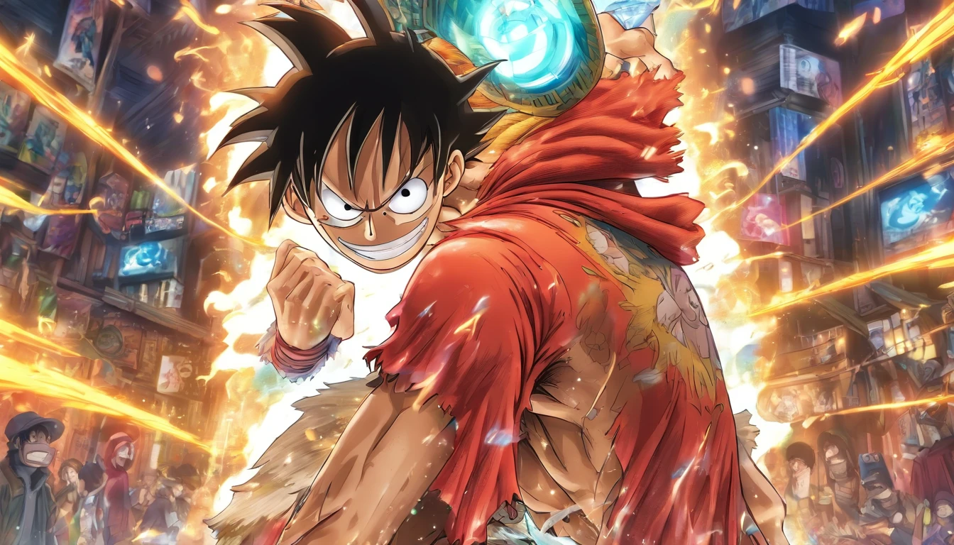 (((Gear5))) Monkey D Luffy in anime in the middle with his back turned against the viewer he has expressions and poses of confusion and despair he is being surrounded by many invisible screens he is wearing a hoodie it’s a cyberpunk environment the background is white the male, straw-hat in his back