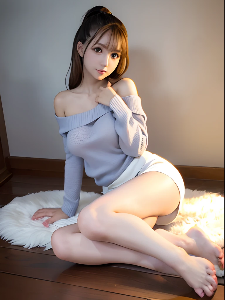 (​masterpiece、masutepiece、High Quality、)、Female, 25 years old、Clean feet、lightsmile、large full breasts:1.2,Wear an off-the-shoulder sweater、Wear a short flared skirt、Legs are stockings、FULL BODYSHOT、Shooting from the front