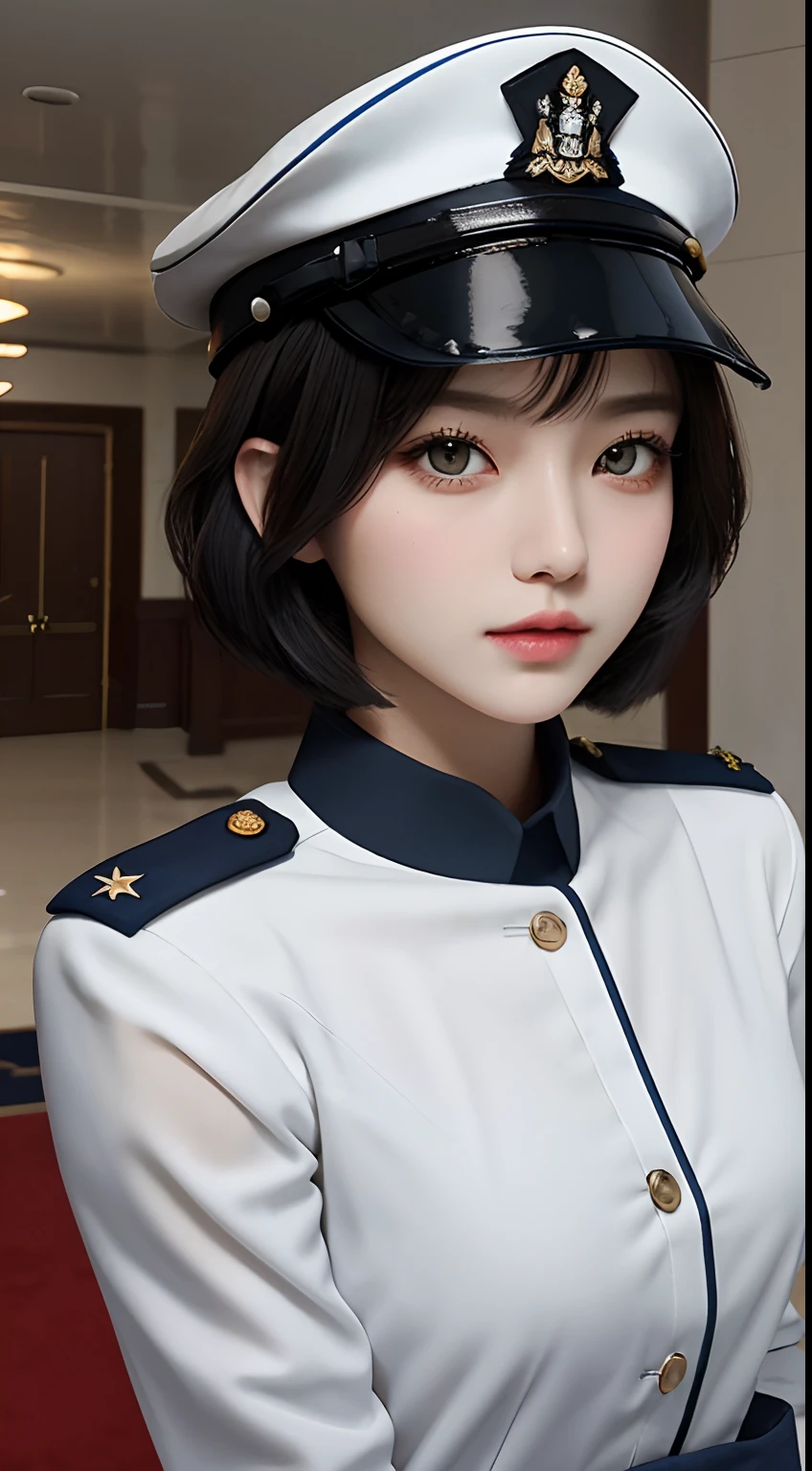 girl, a, top quality, chest above, beautiful, pretty, glossy, warship, short hair, masterpiece, cat's eye, navy uniform, long black hair, with military cap, sharp eyes, white, pure desire