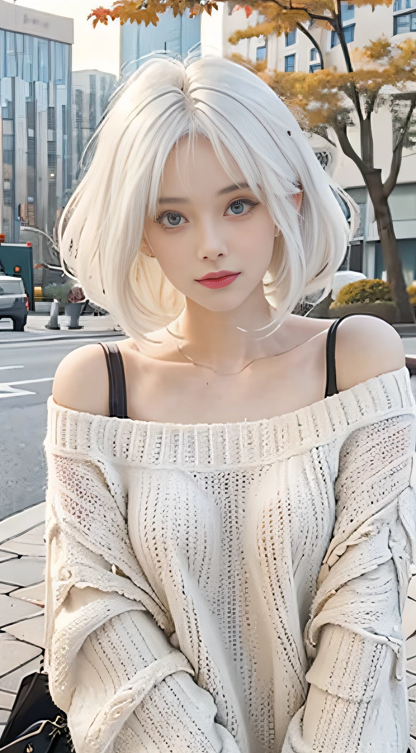 Medium Shot Shot, A beautiful woman looks at the camera, White hair, Chris Foss autumn off-the-shoulder sweater